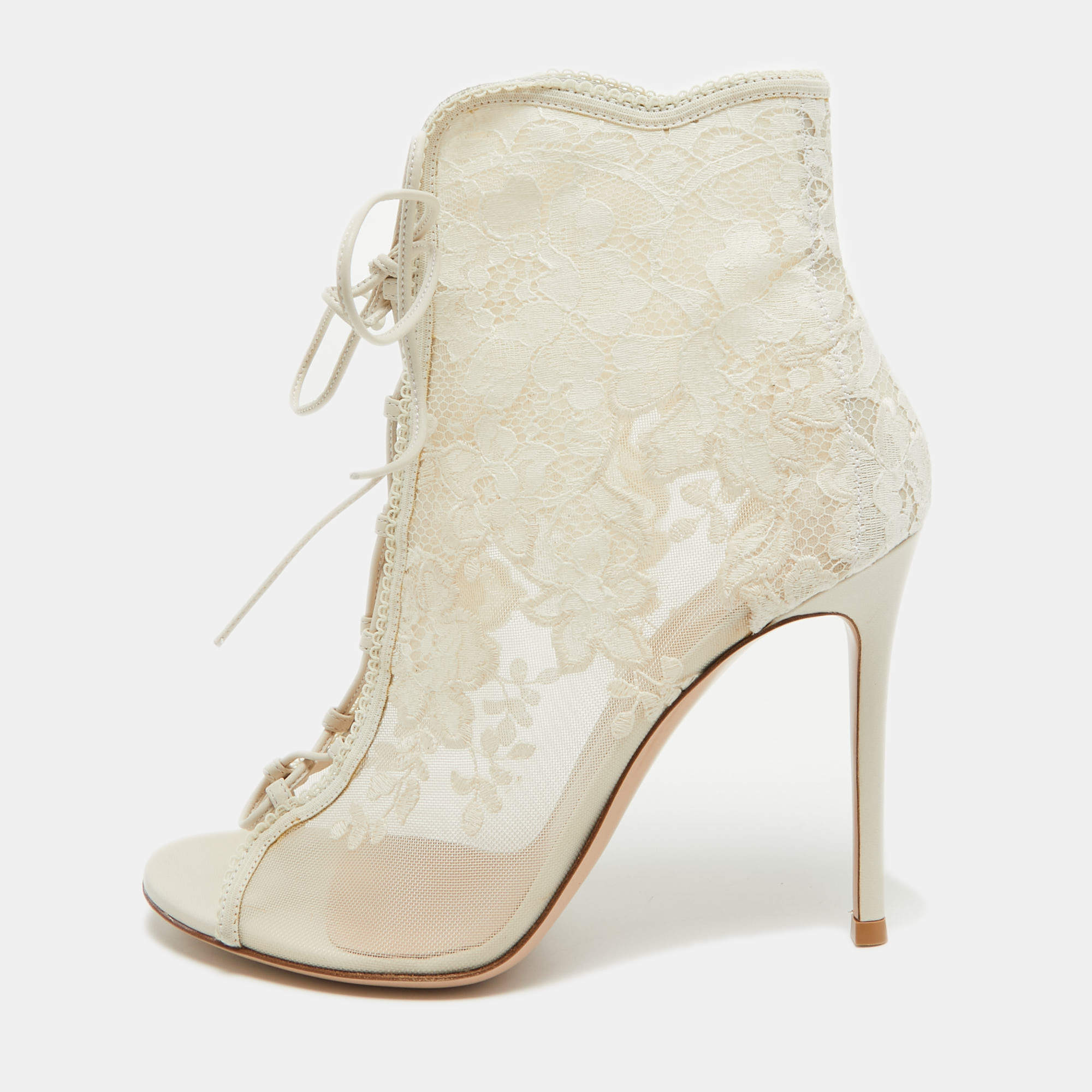 Pre Owned Gianvito Rossi White Mesh and Leather Lace Up Ankle Boots Size 39