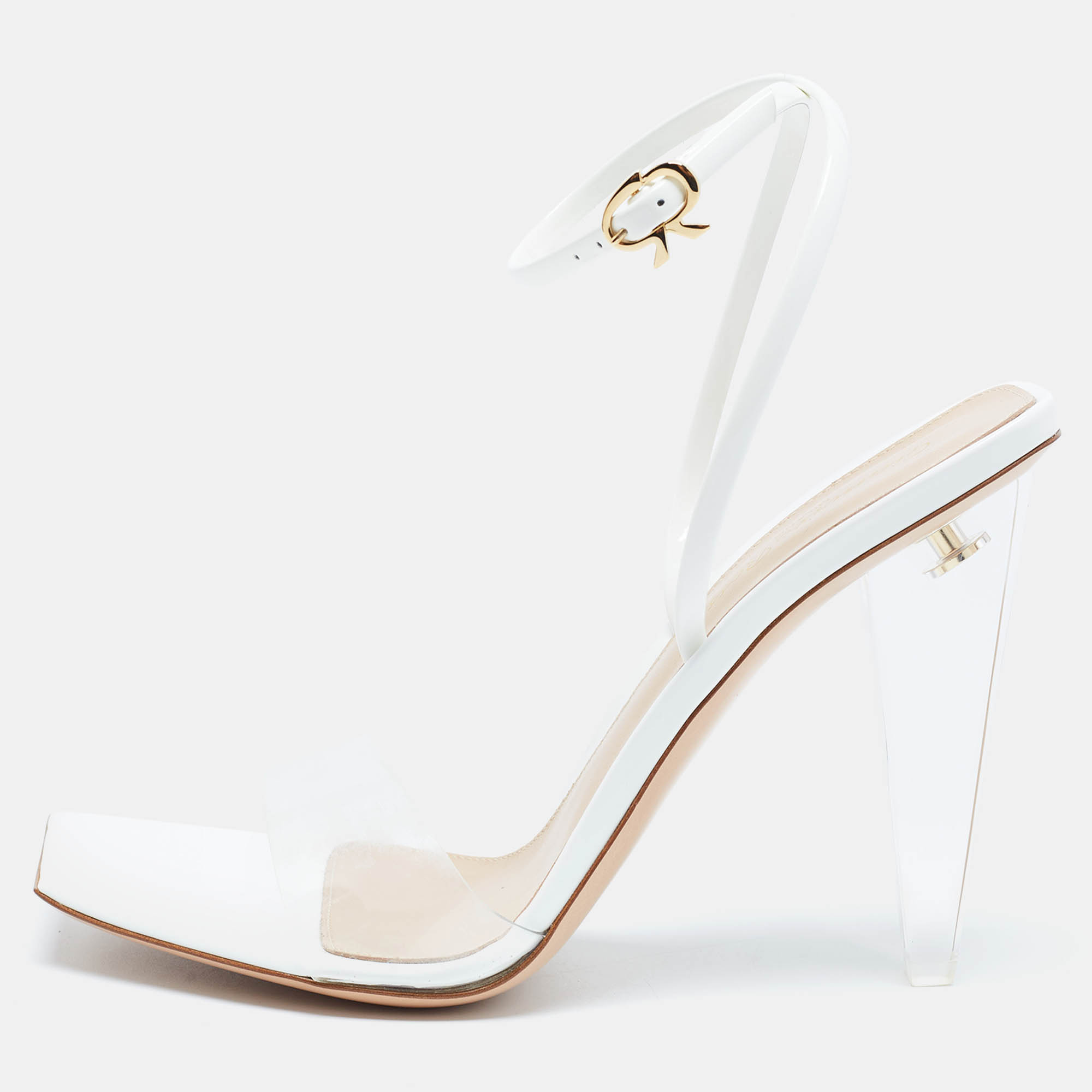 Pre Owned Gianvito Rossi White Patent Leather and PVC Odyssey Sandals Size 38.5