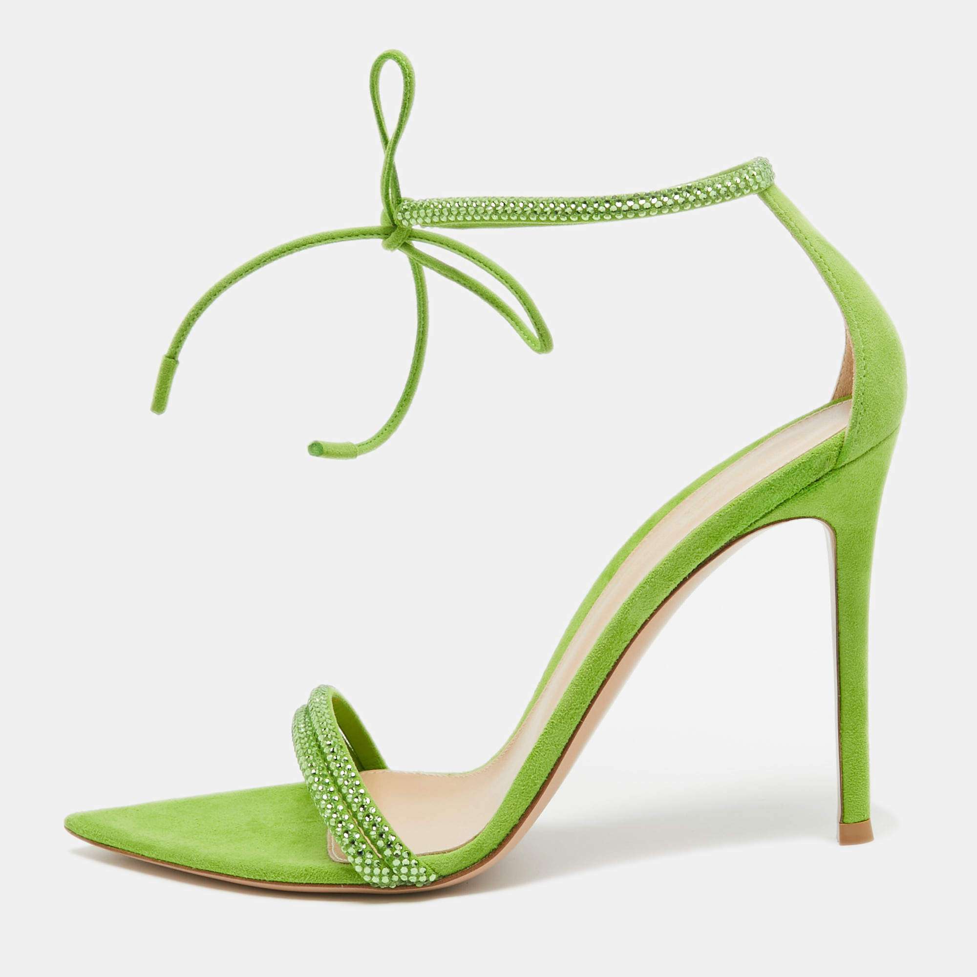 Gianvito Rossi Green Suede Crystal Embellished Montecarlo Sandals Size 39