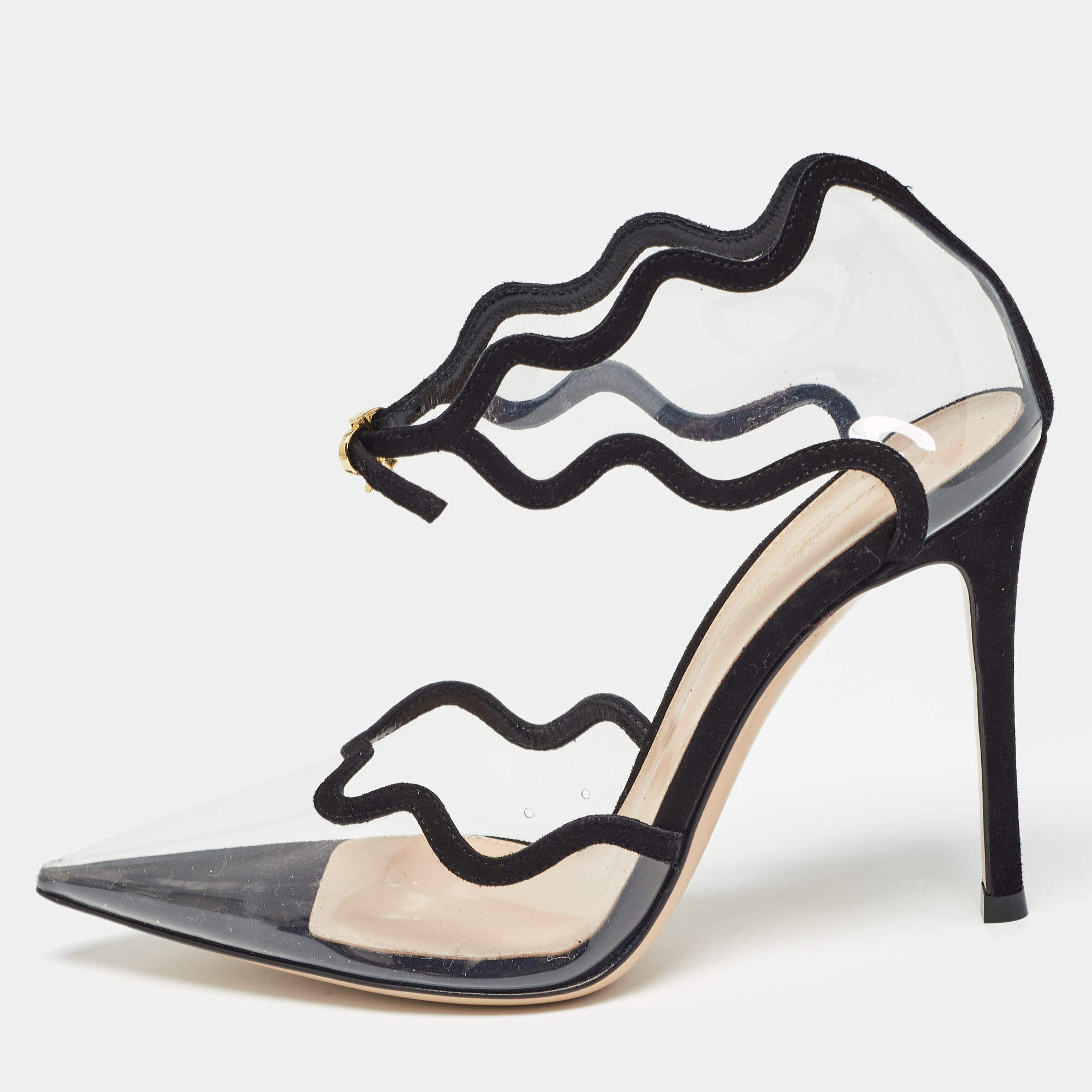 Pre Owned Gianvito Rossi Black Suede and PVC Wavy Plexi Pumps Size 36