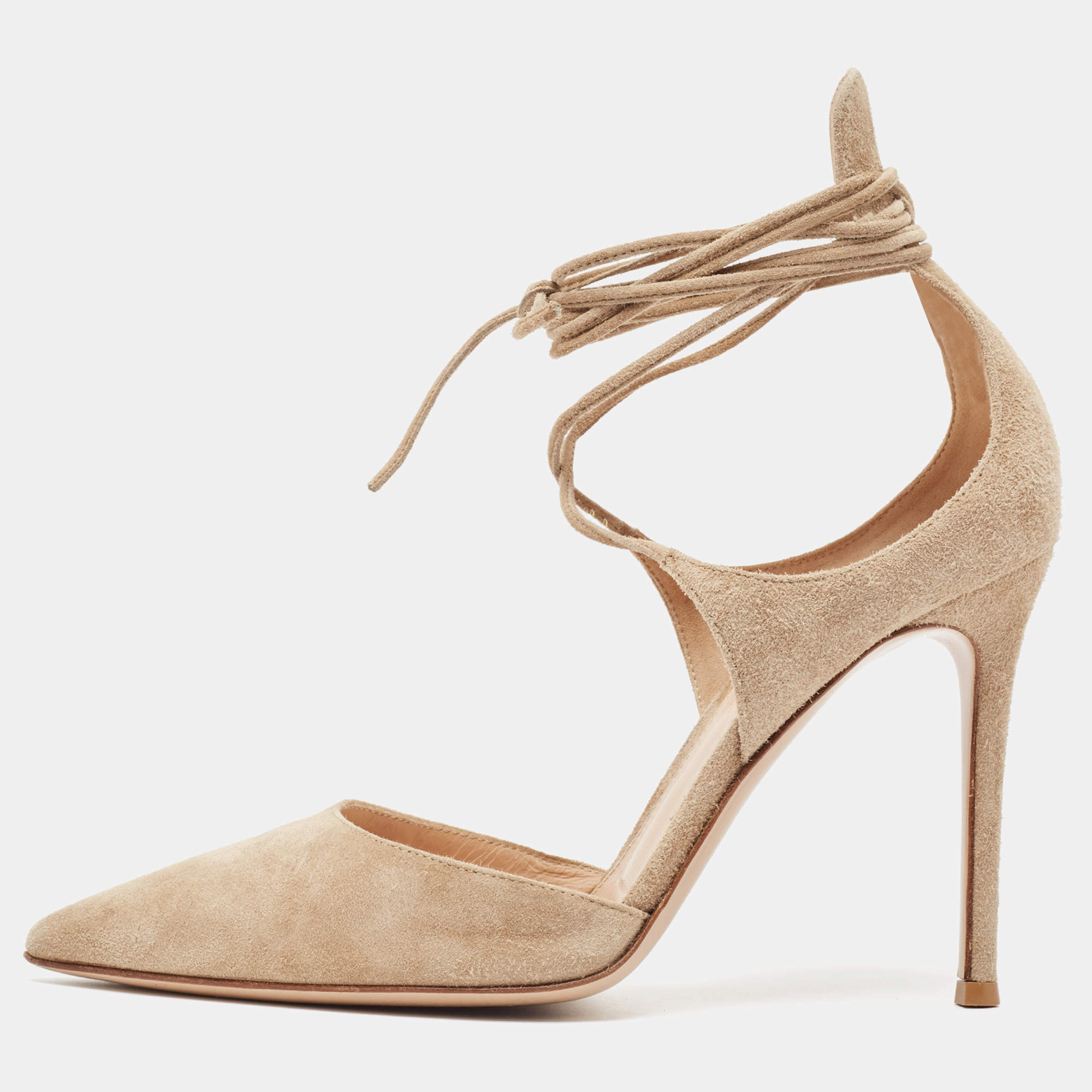 Pre Owned Gianvito Rossi Beige Suede Ankle Tie Pumps Size 37.5