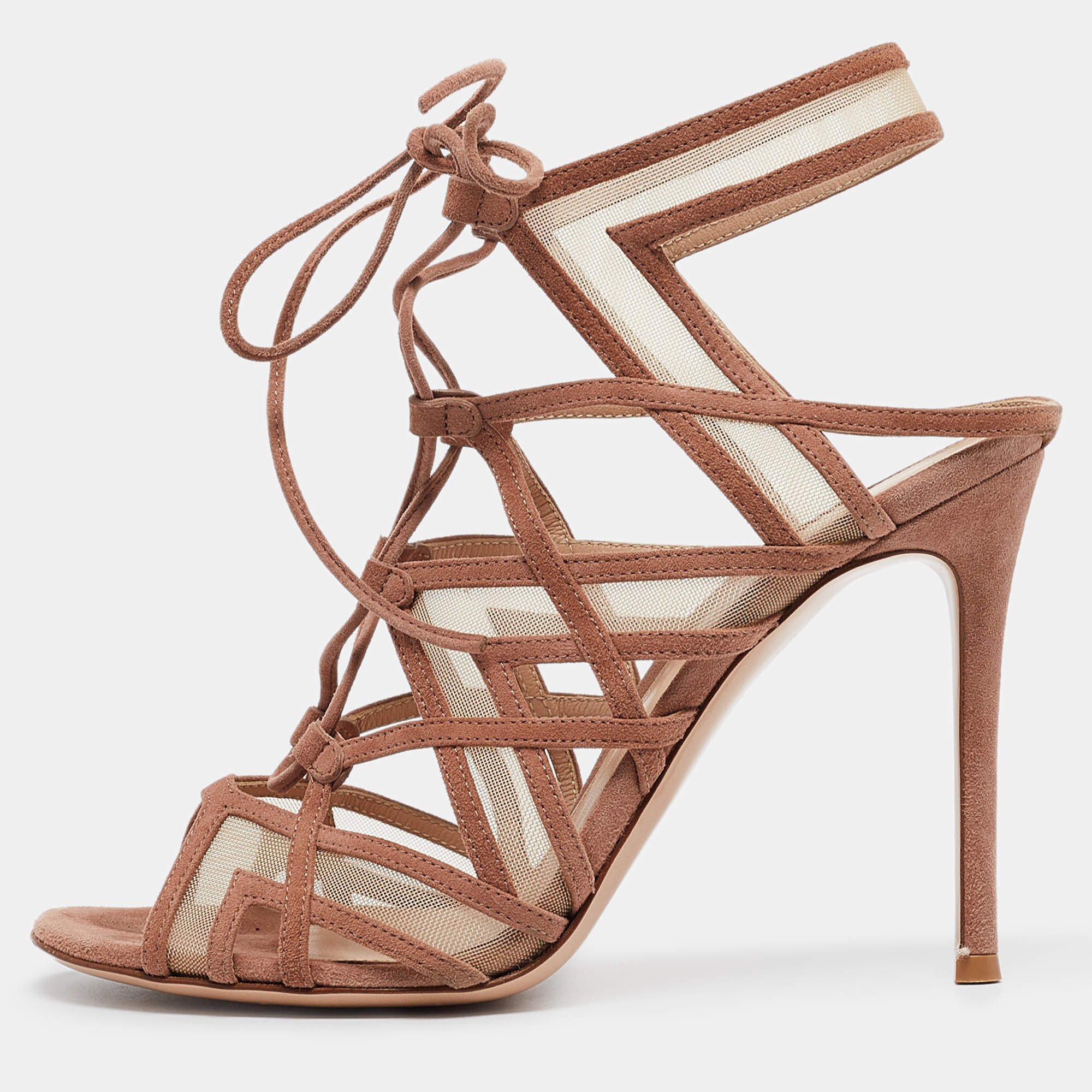 Gianvito Rossi Brown Suede and Mesh Adria Sandals Size 37.5
