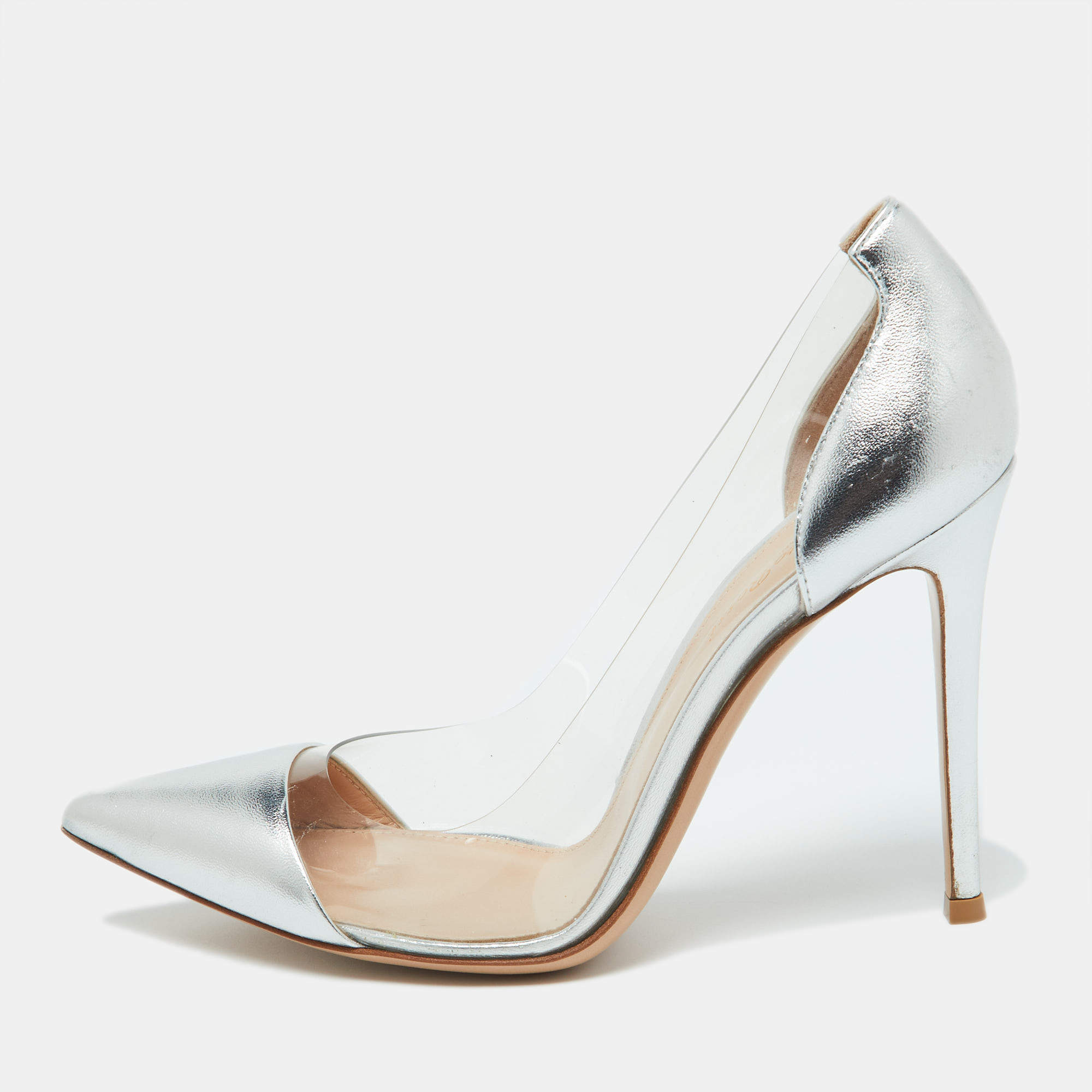 Pre Owned Gianvito Rossi Silver/Clear Leather and PVC Plexi Pumps Size 39