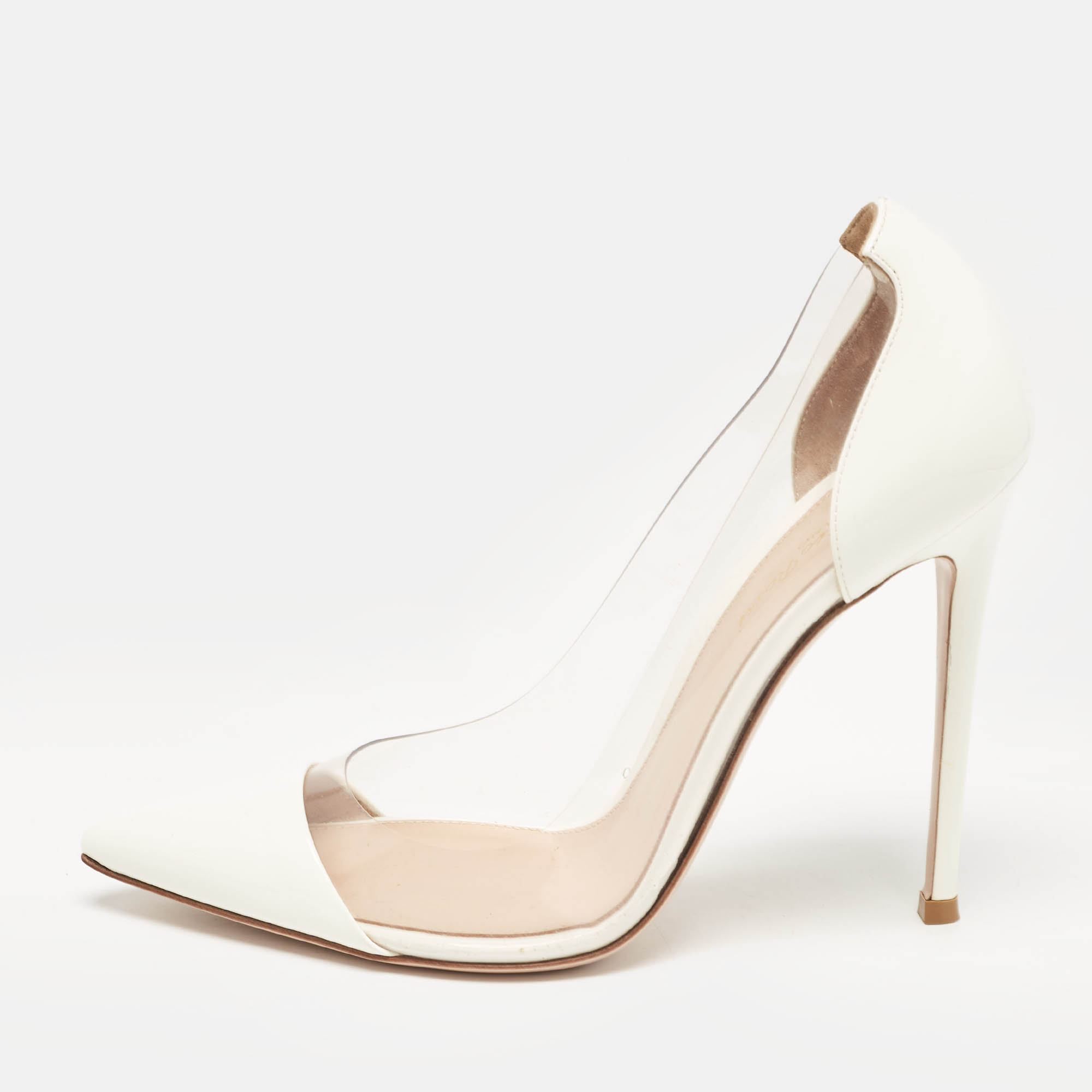 Gianvito Rossi White Patent Leather and PVC Plexi Pointed Toe Pumps 38.5