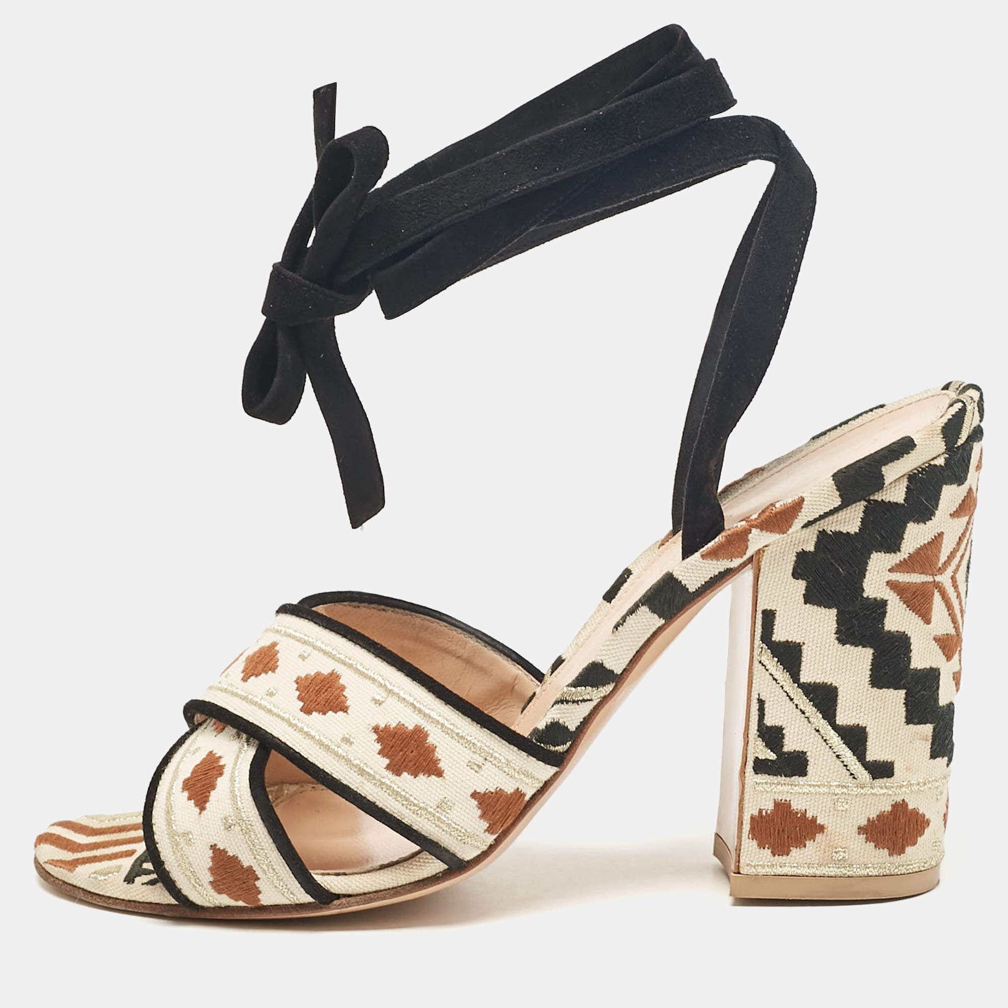 Pre Owned Gianvito Rossi Multicolor Canvas Cheyenne Ankle Strap Sandals Size 39