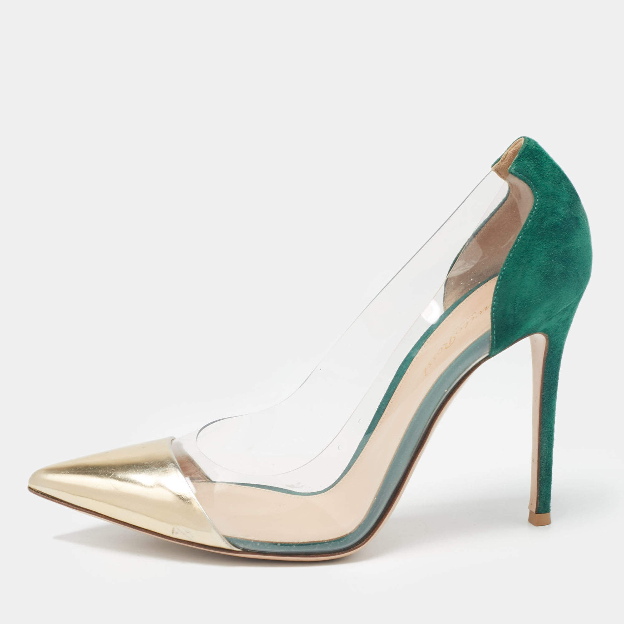 Gianvito Rossi Gold/Green Leather, Suede and PVC Plexi Pumps Size 41.5