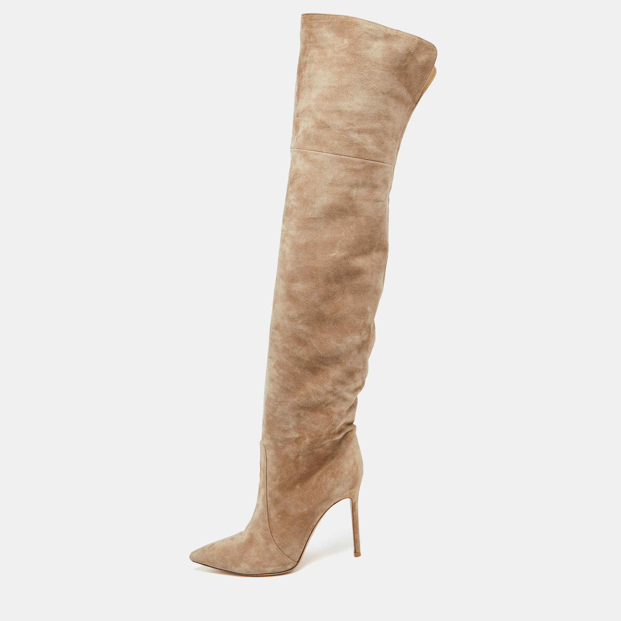 Pre Owned Gianvito Rossi Beige Suede Pointed Toe Over The Knee Boots Size 39.5