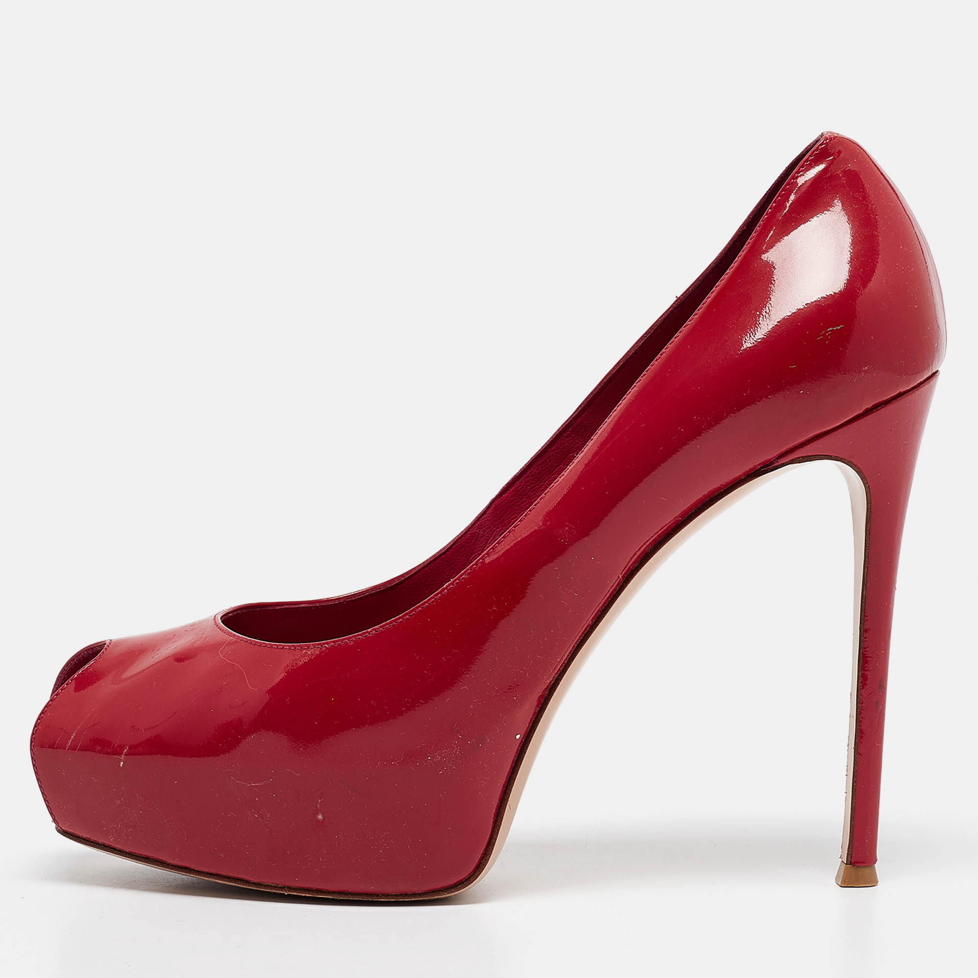 Gianvito Rossi Red Patent Leather Peep Toe Pumps Size 39.5