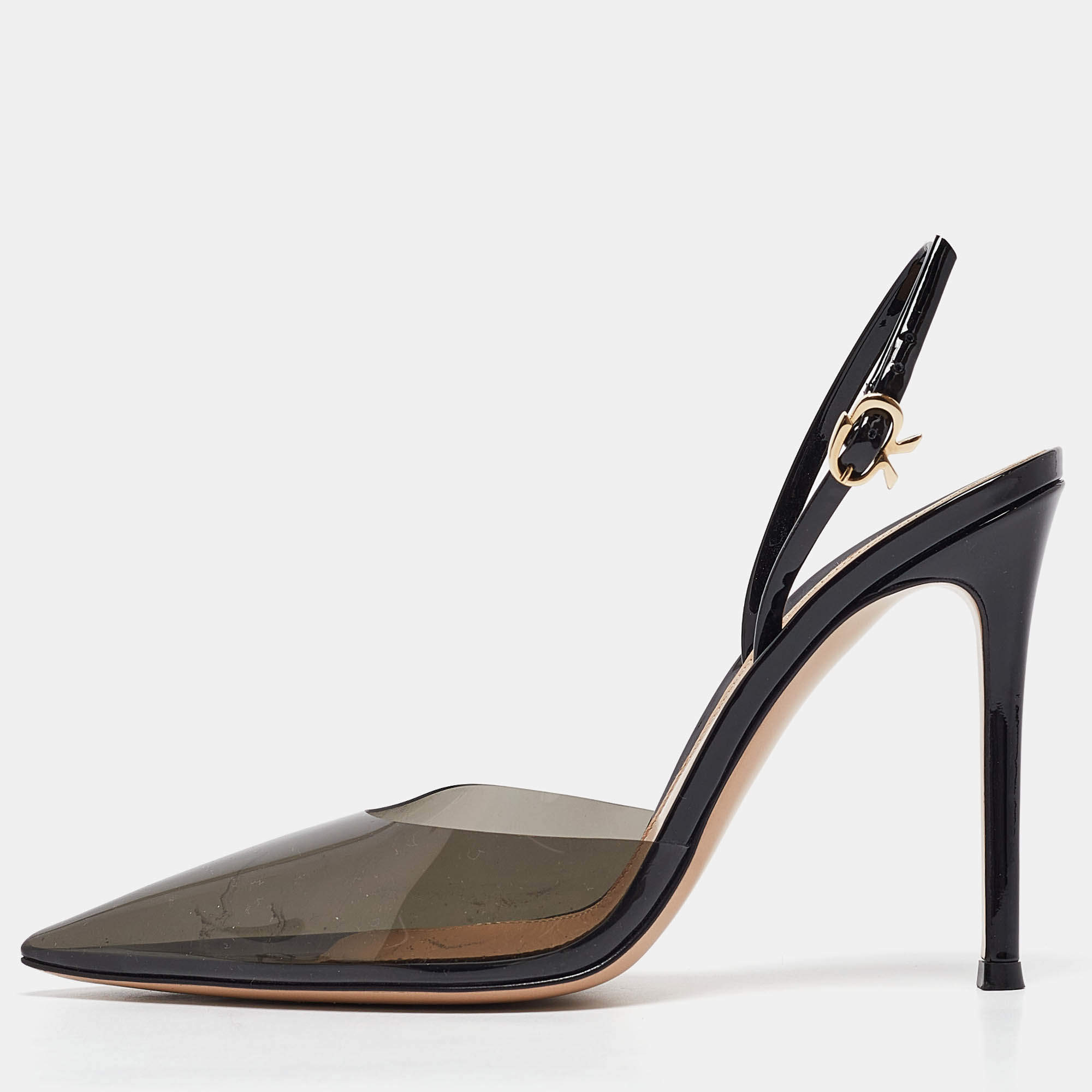 مملوكة مسبقًا Gianvito Rossi Black Patent Leather and PVC Ribbon Slingback Pumps Size 38