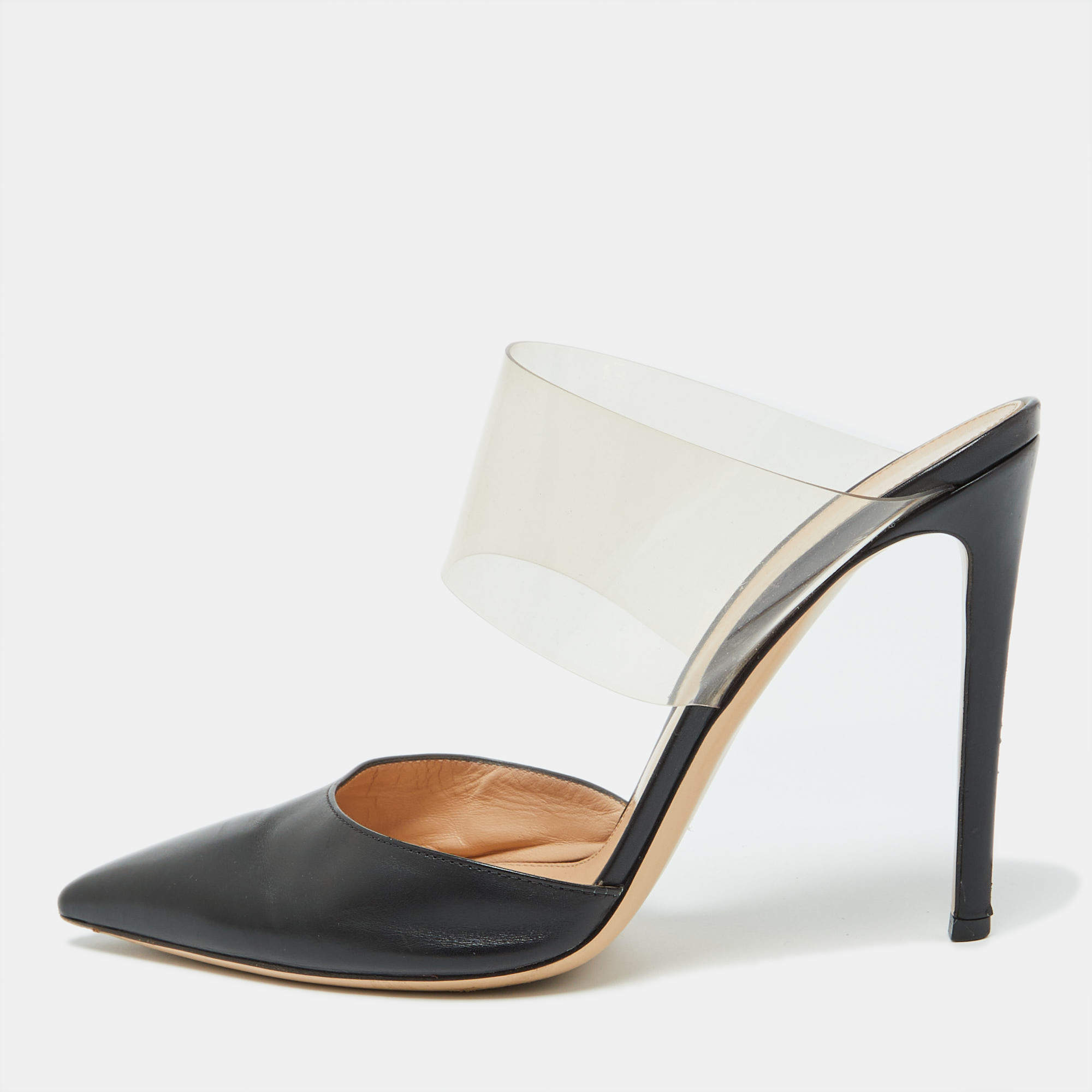 Gianvito Rossi Black Leather and PVC Plexi Pointed Toe Mules Size 41