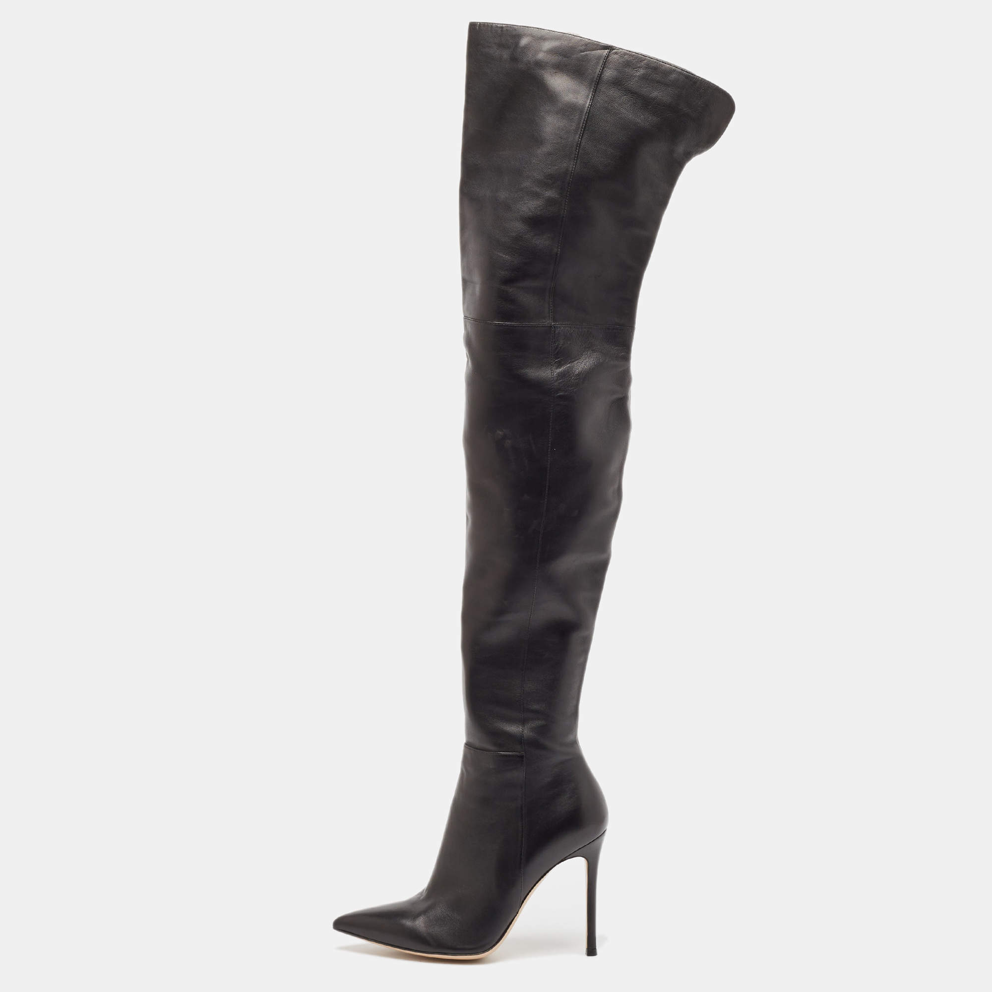 Pre Owned Gianvito Rossi Black Patent Leather Pointed-Toe Over The Knee Boots Size 38