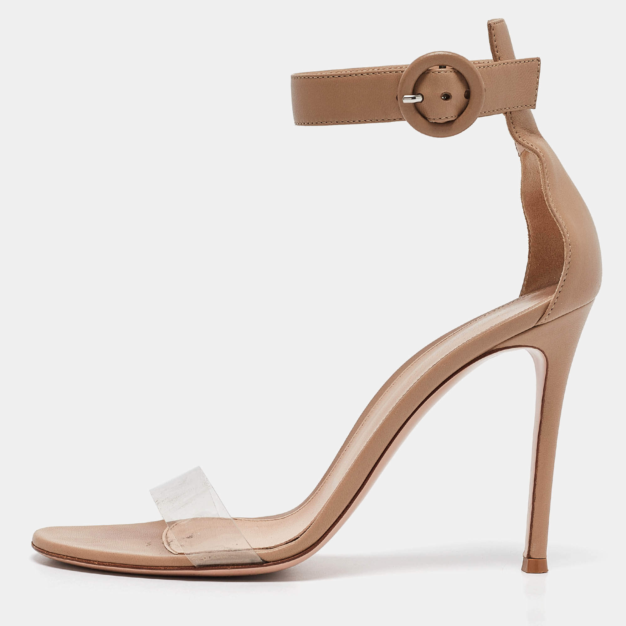 Pre Owned Gianvito Rossi Beige Leather and PVC Portofino Ankle Strap Sandals Size 39.5