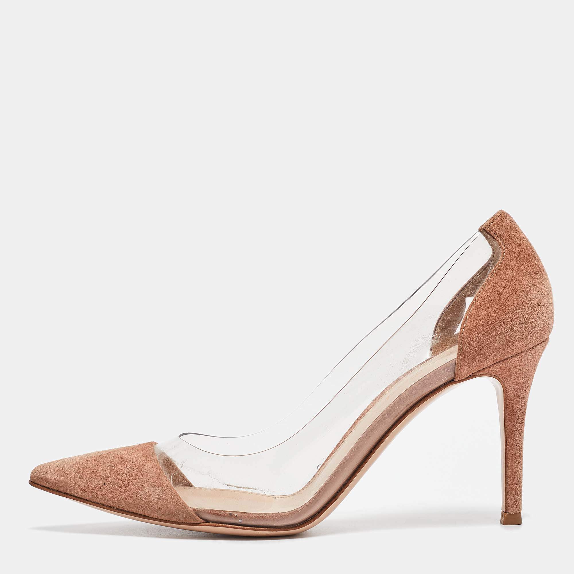 Gianvito Rossi Brown Suede Leather And PVC Plexi Pointed Toe Pumps Size 36.5