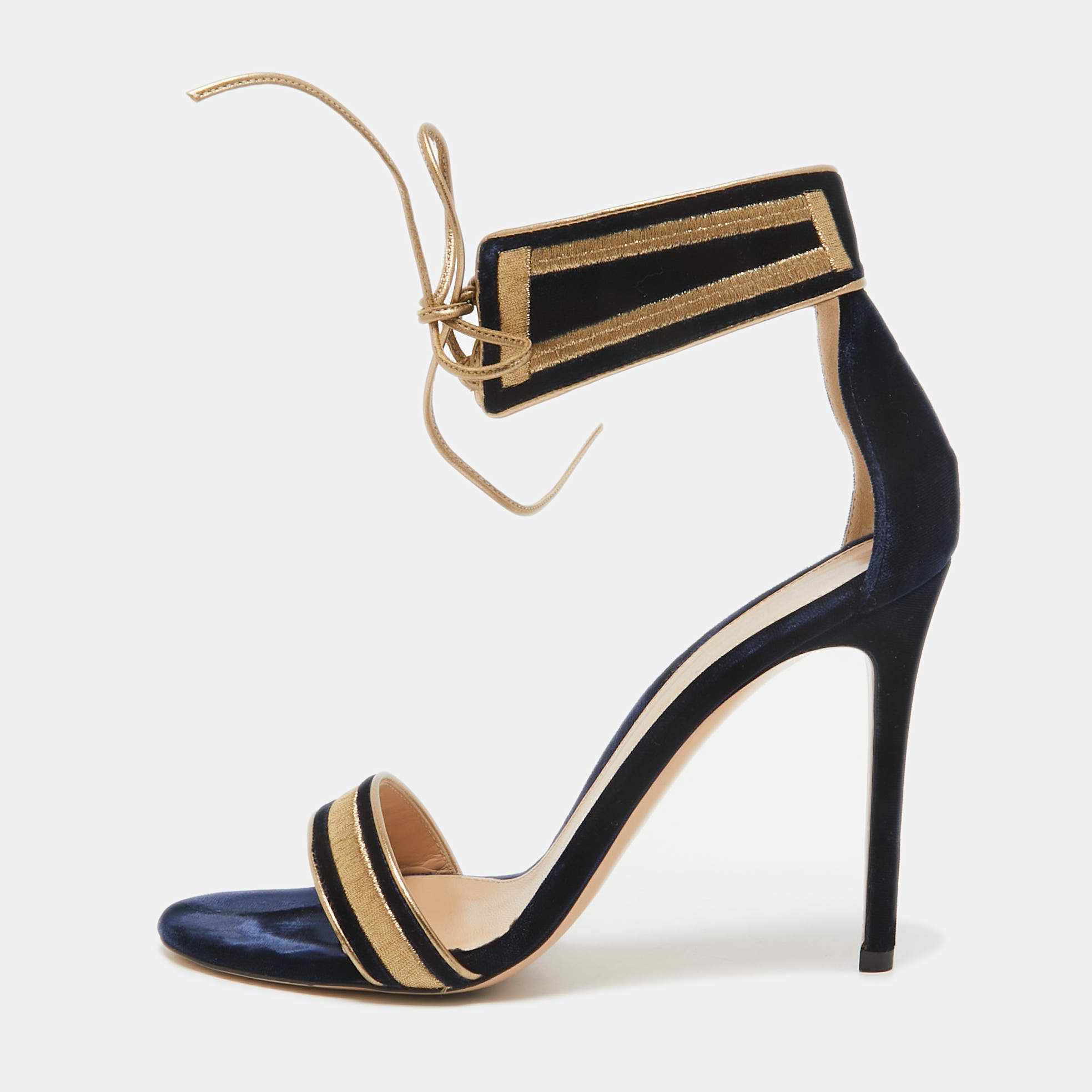 Pre Owned Gianvito Rossi Navy Blue/Gold Velvet Augusta Ankle Cuff Sandals Size 39