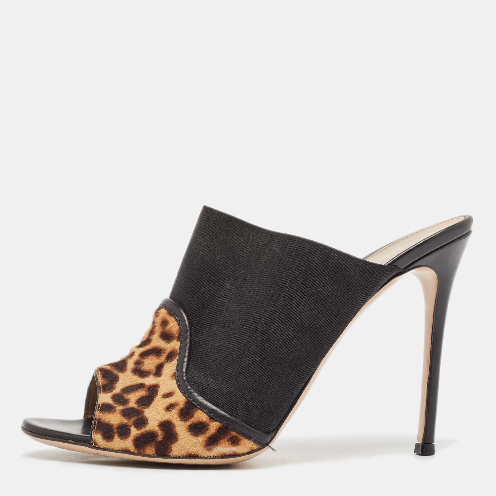 Gianvito Rossi Brown/Black Leopard Print Calf Hair and Fabric Mules Size 40.5