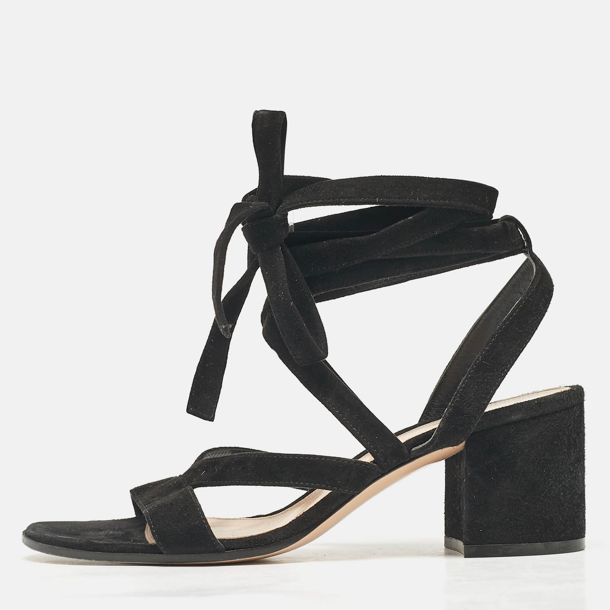 Gianvito Rossi Black Suede Janis Ankle Wrap Sandals Size 37.5