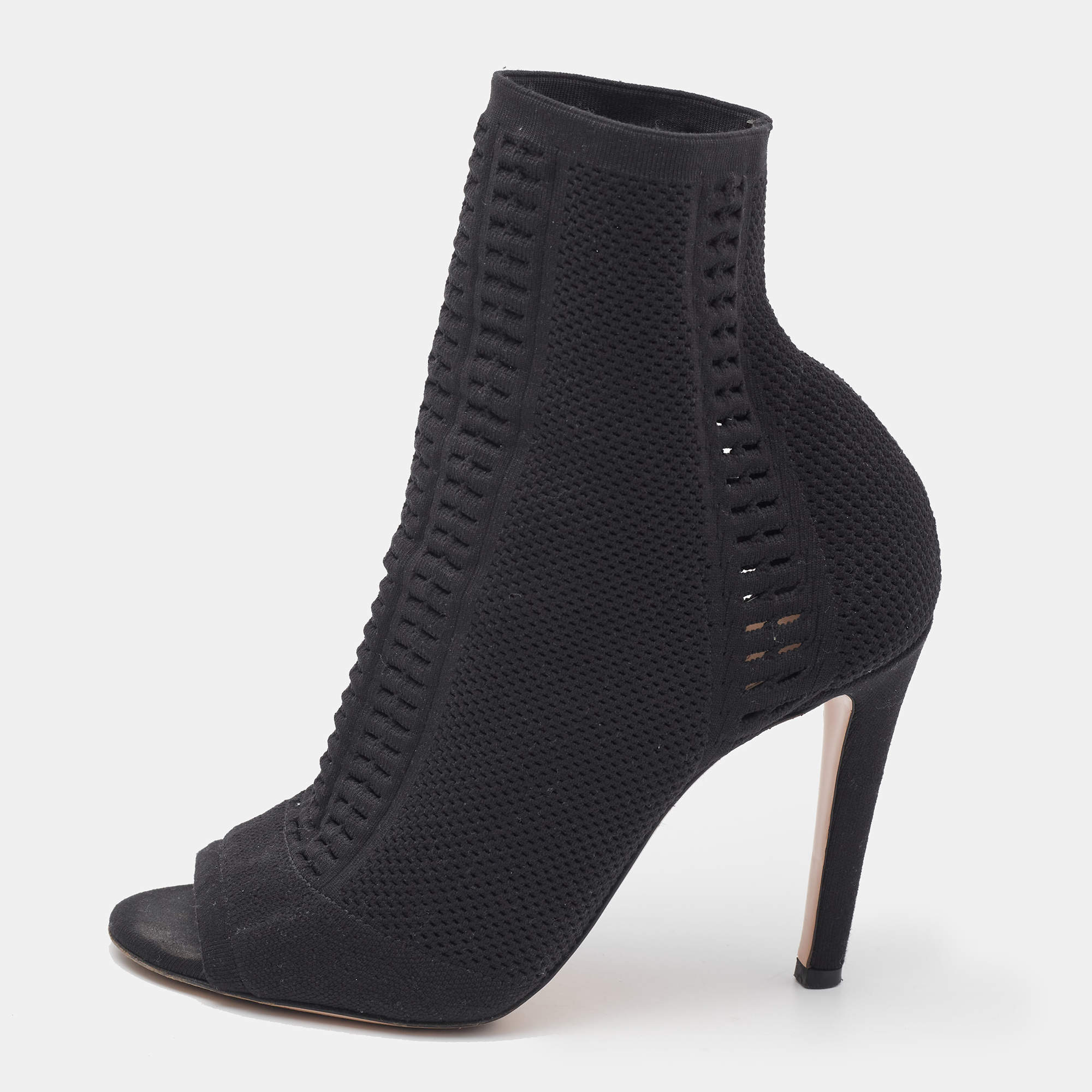 Gianvito Rossi Black Stretch Knit Vires Open Toe Ankle Length Boots Size 36.5