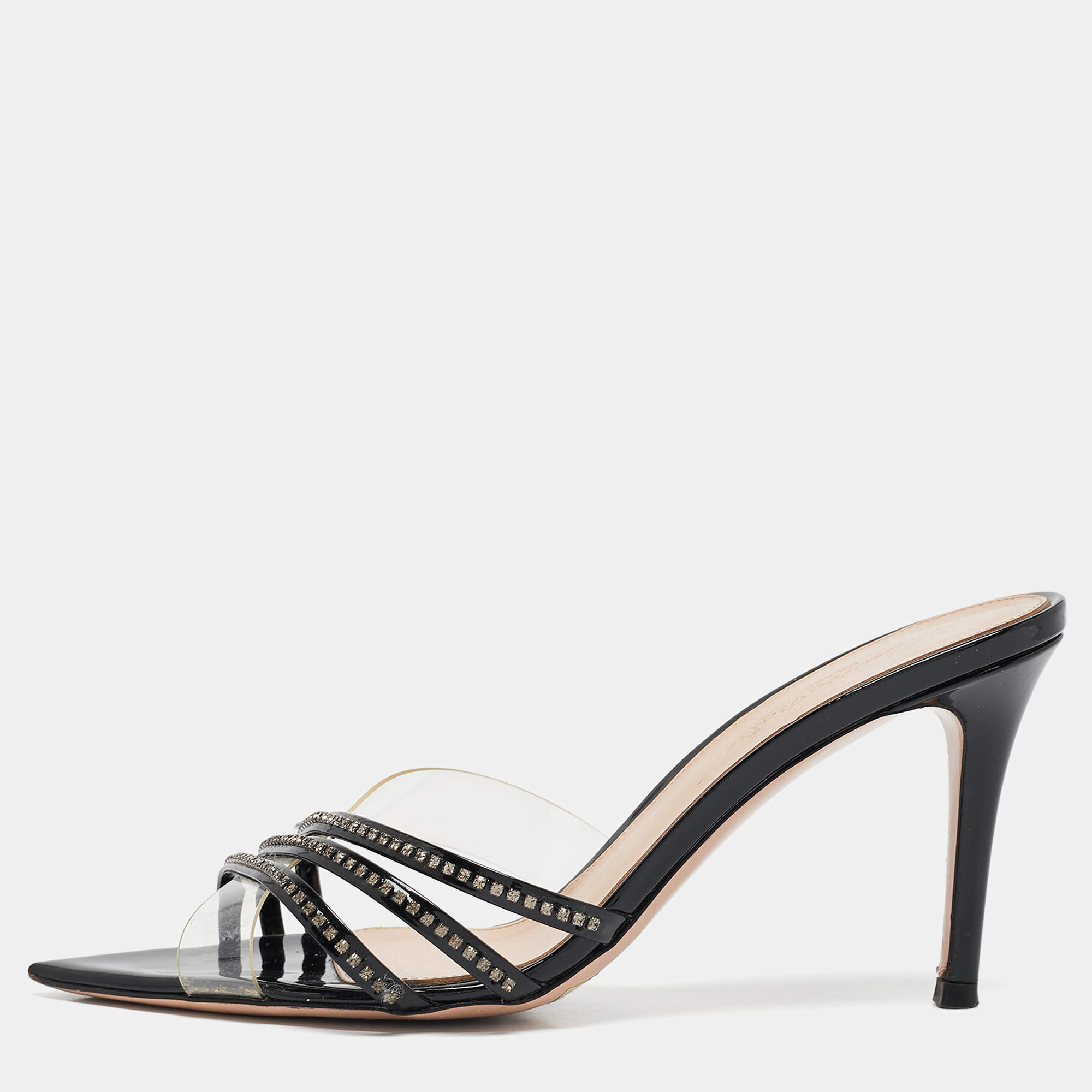 Gianvito Rossi Black Patent Leather and PVC Sparks Slide Sandals Size 36.5