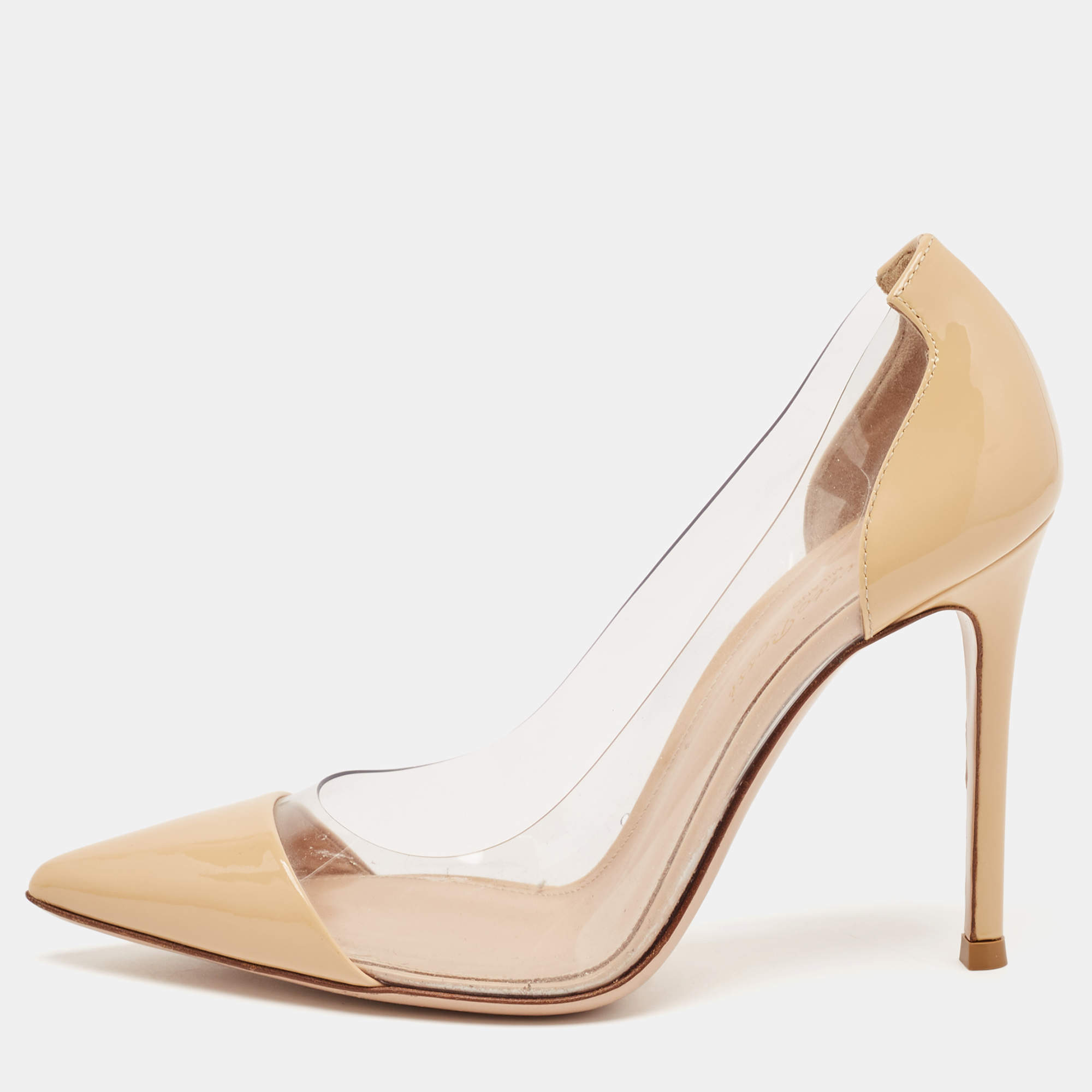 Pre Owned Gianvito Rossi Beige Patent and PVC Plexi Pumps Size 35