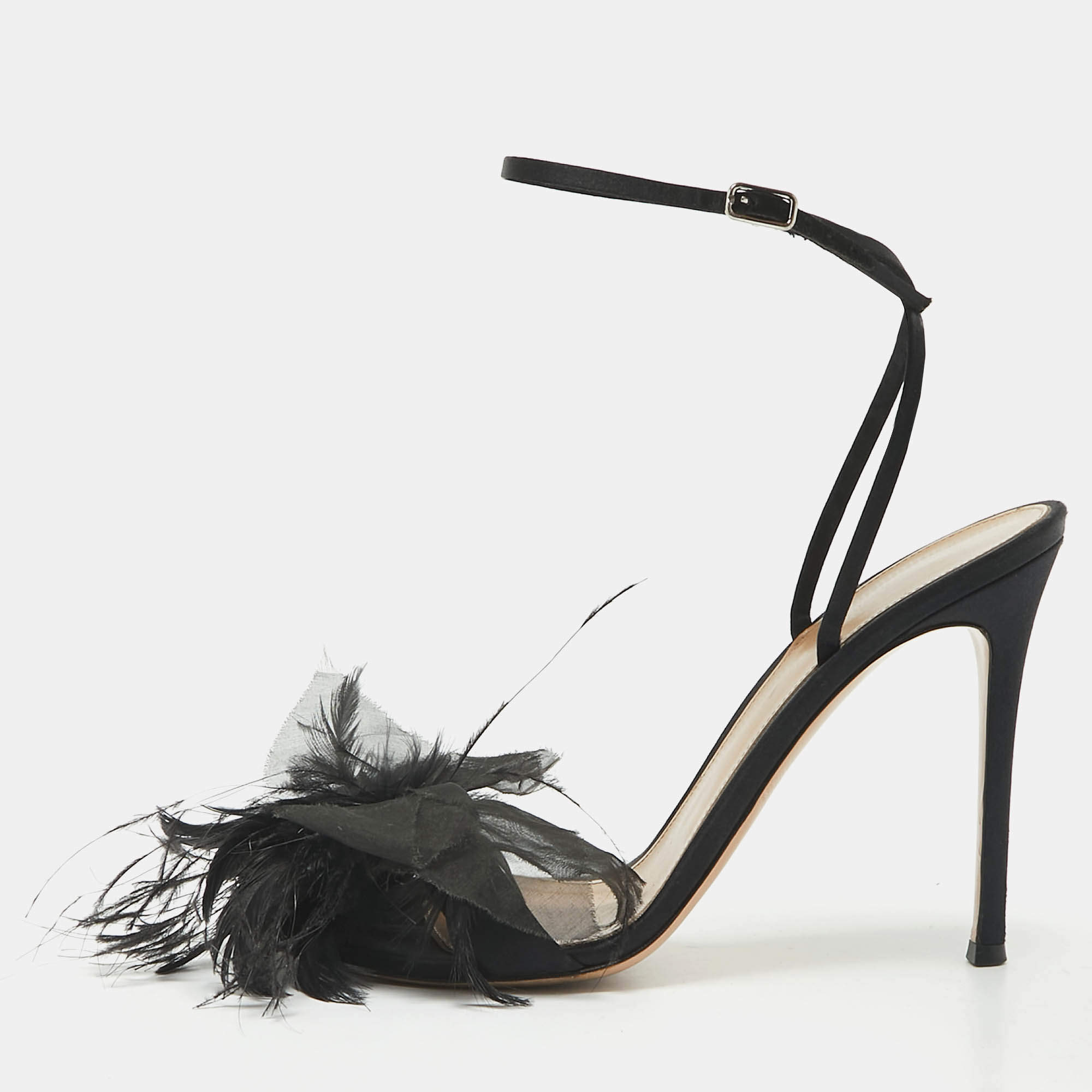Pre Owned Gianvito Rossi Black Satin and Feather Flower Ankle Strap Sandals Size 40