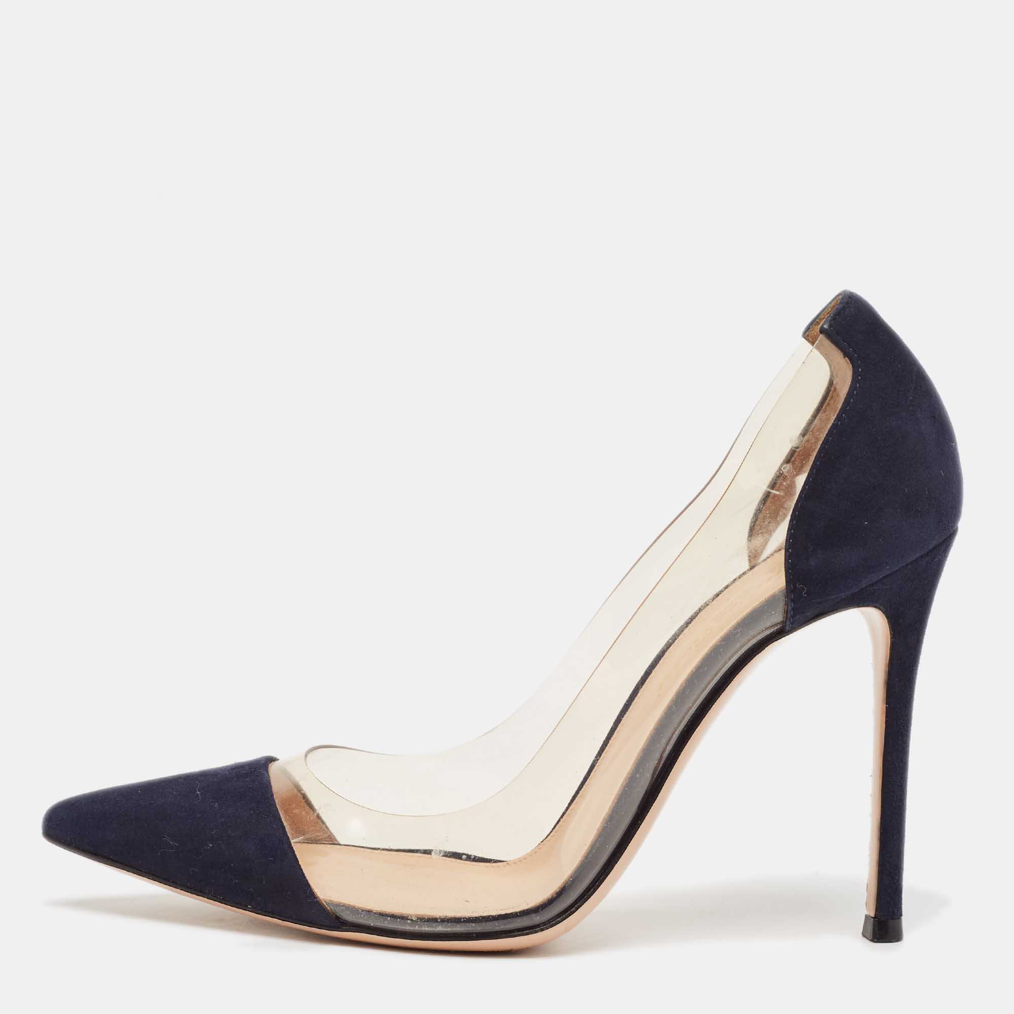 Gianvito Rossi Navy Blue PVC and Suede Plexi Pumps Size 37