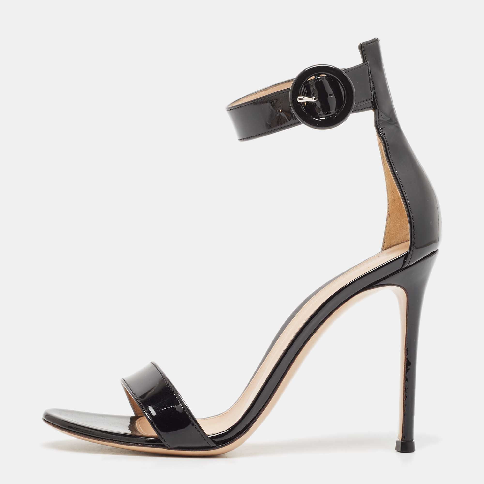 Gianvito Rossi Black Patent Leather Portofino Ankle Strap Sandals Size 37
