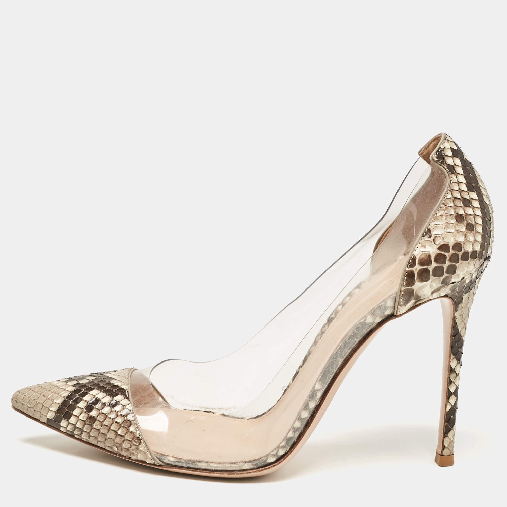 Pre Owned Gianvito Rossi Beige PVC and Python Leather Plexi Pumps Size 40