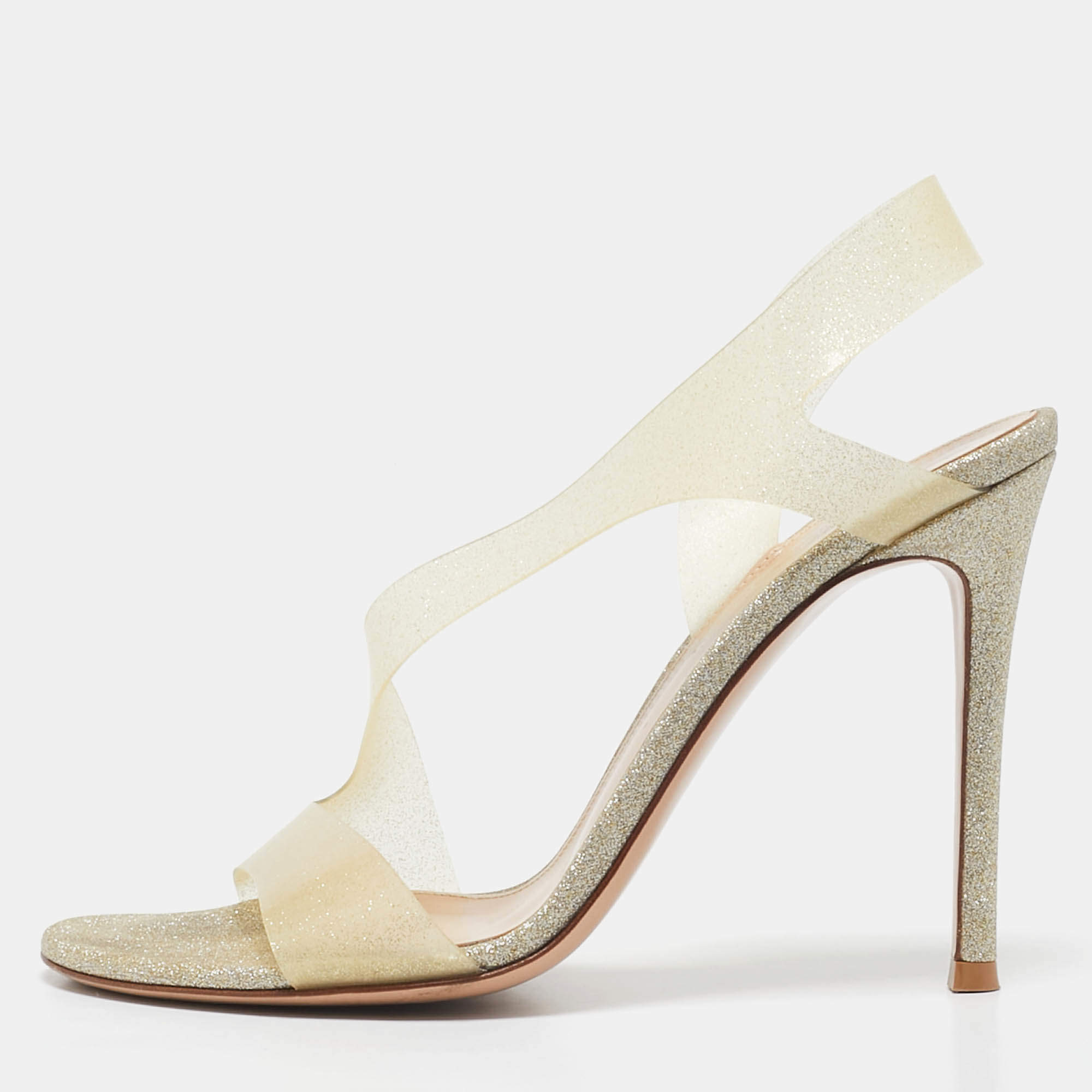 Gianvito Rossi Gold Glitter PVC Metropolis Slingback Sandals Size 37
