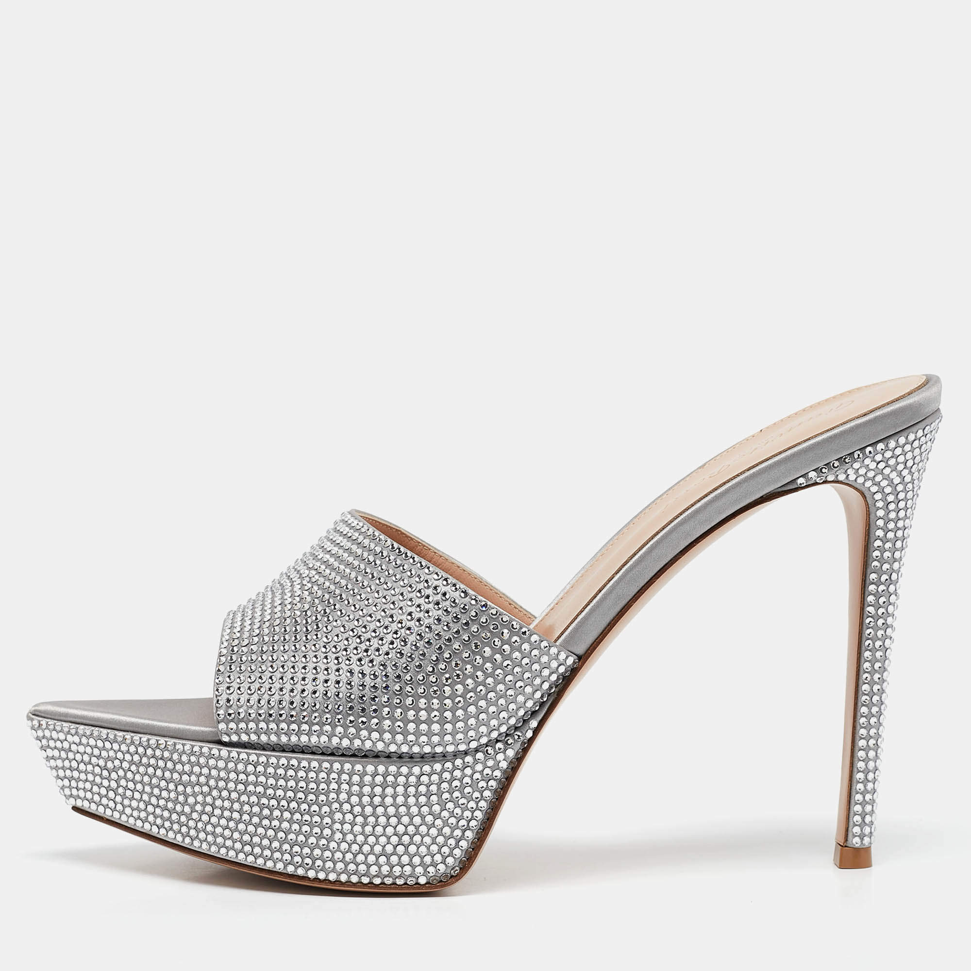 Pre Owned Gianvito Rossi Silver Satin Crystal Embellished Platform Slide Sandals Size 40