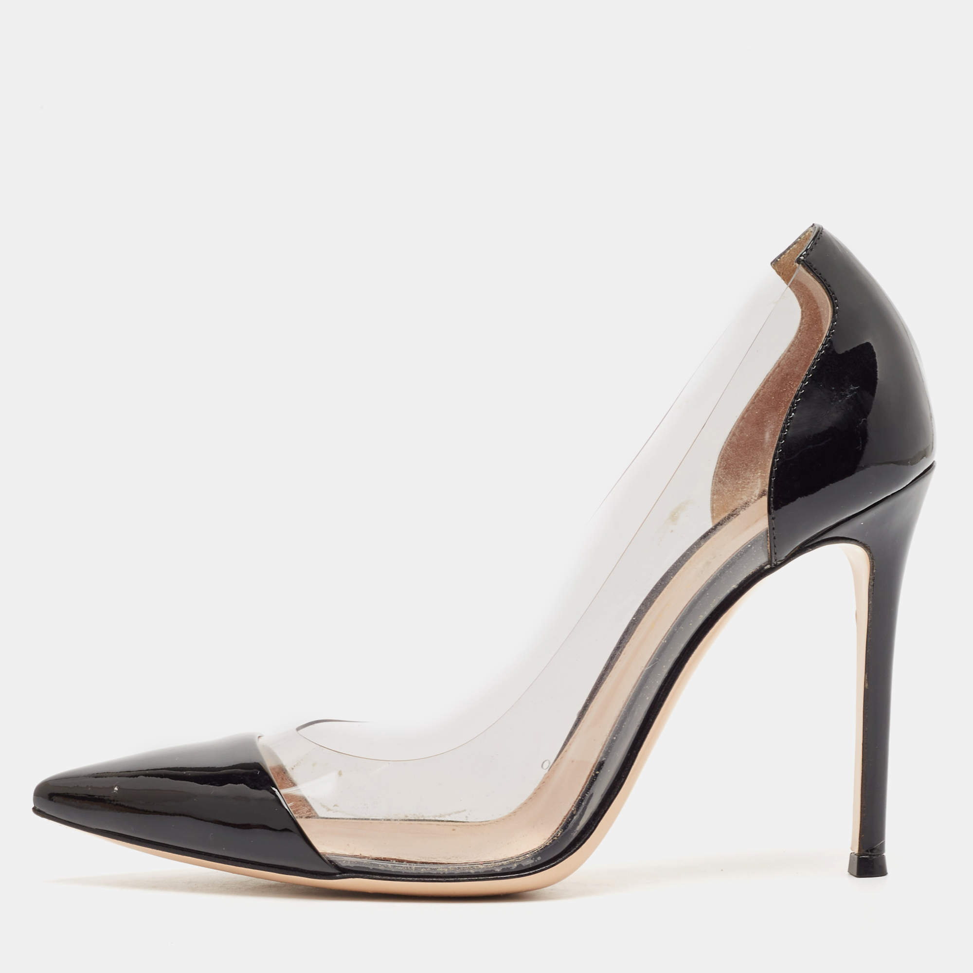 Gianvito Rossi Black Patent Leather and PVC Plexi Pointed Toe Pumps Size 38