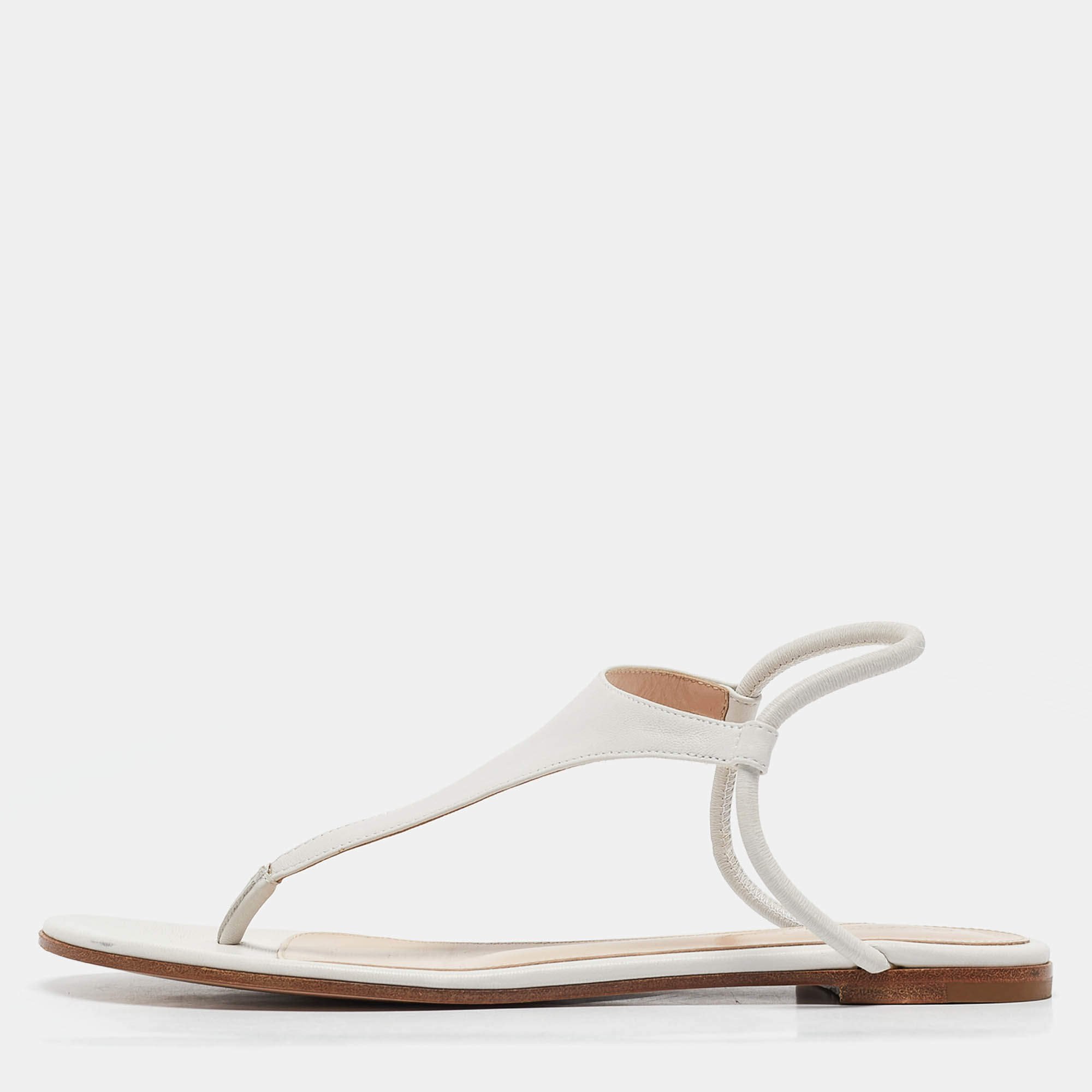 Gianvito Rossi White Leather Thong Flat Sandals Size 37.5