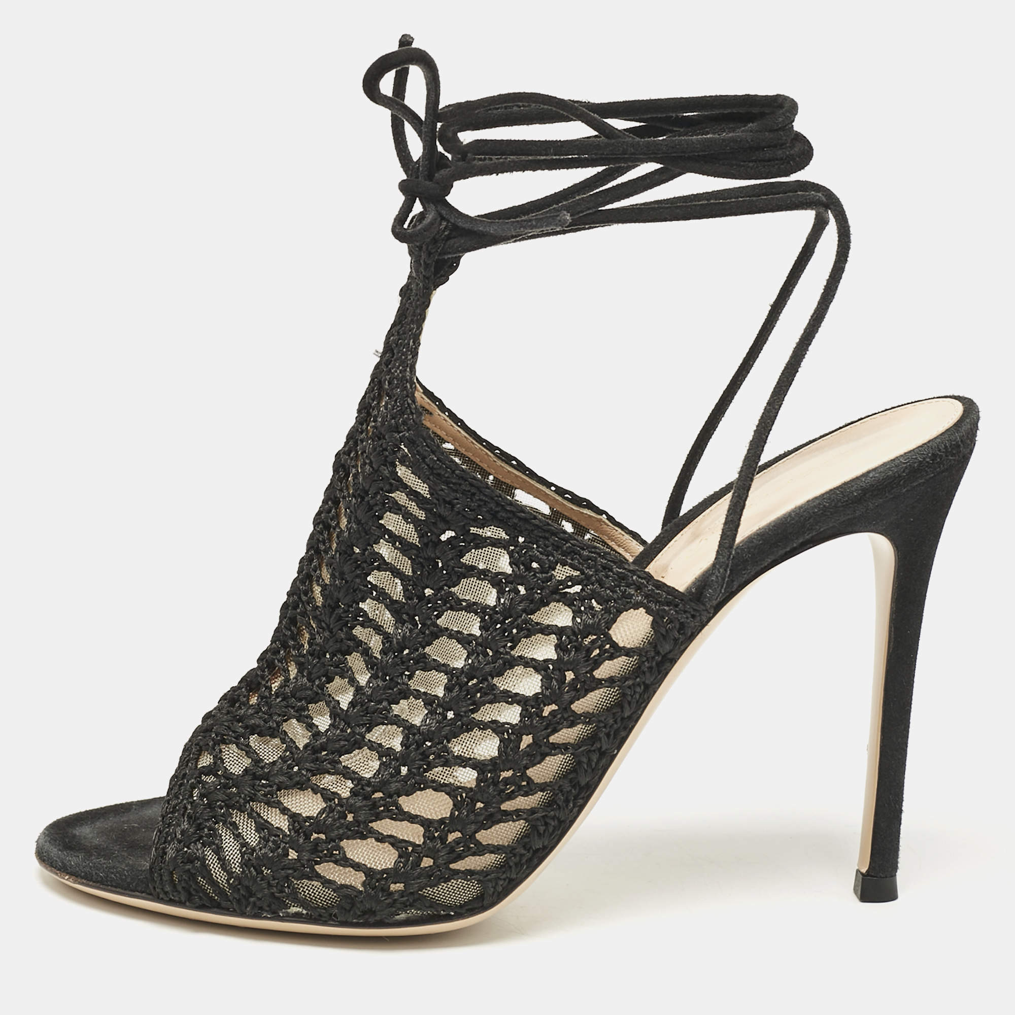 Gianvito Rossi Black Crochet and Suede Ankle Wrap Mules Size 37.5