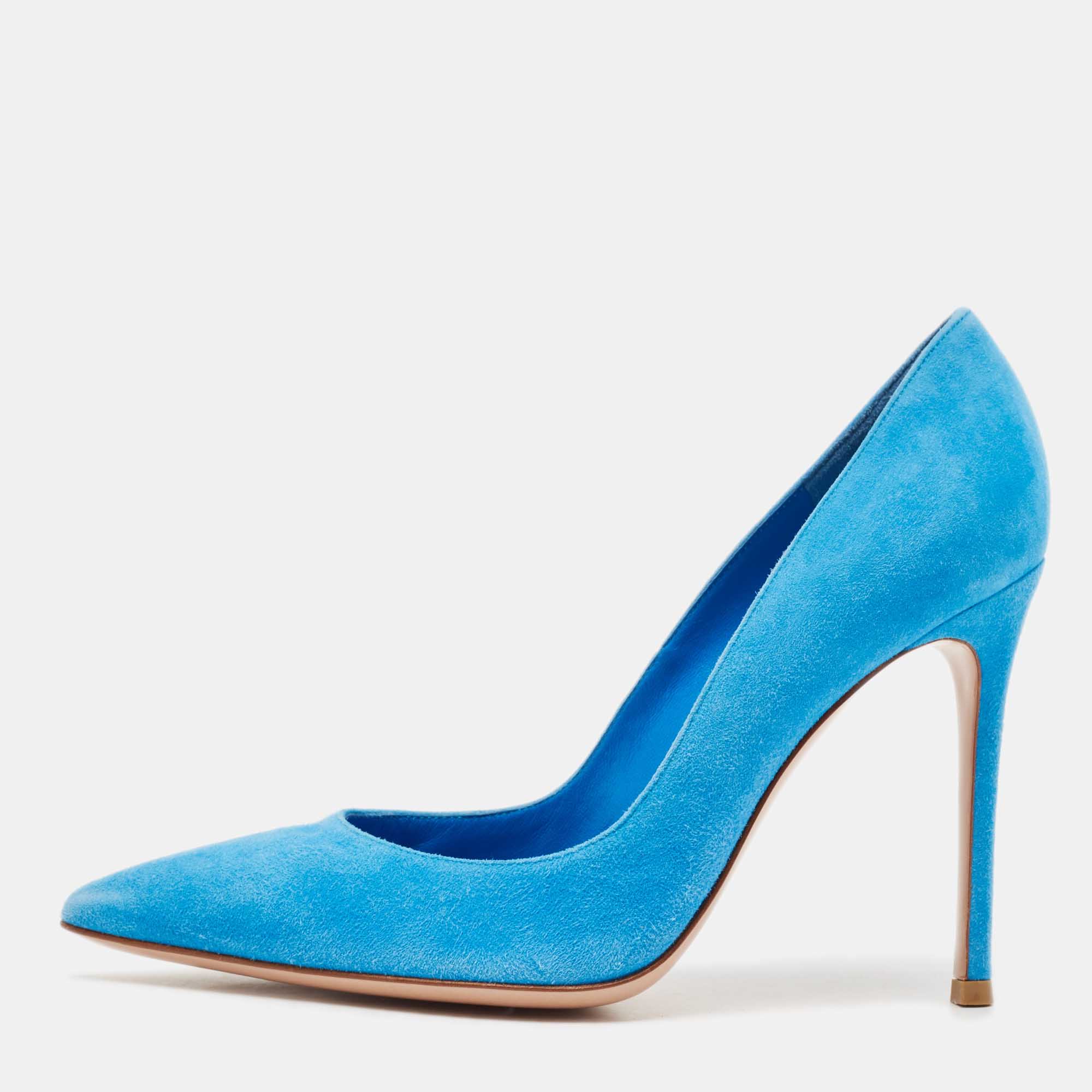 Pre Owned Gianvito Rossi Blue Suede Pointed Toe Pumps Size 37