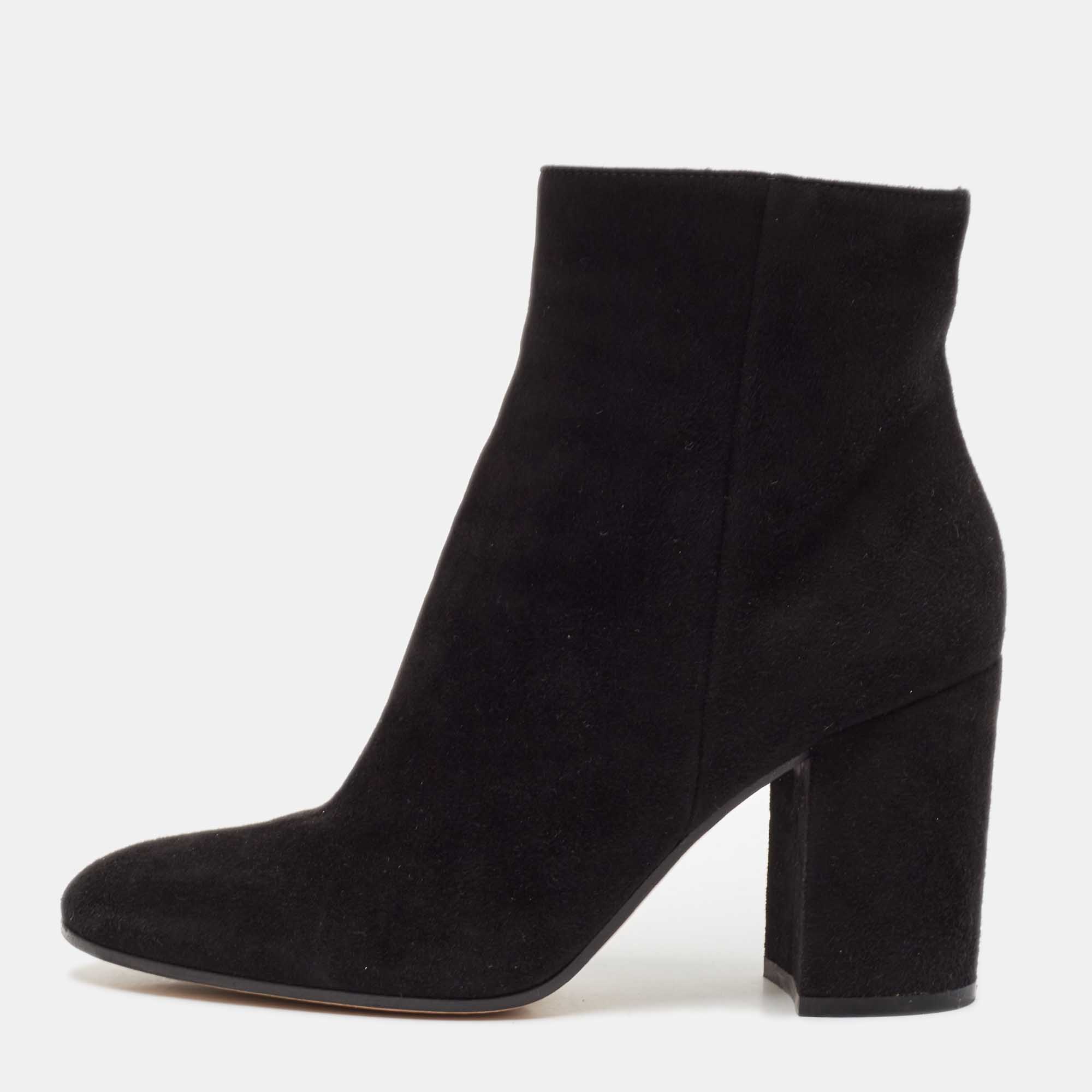 Gianvito Rossi Black Suede Block Heel Ankle Length Boots Size 37