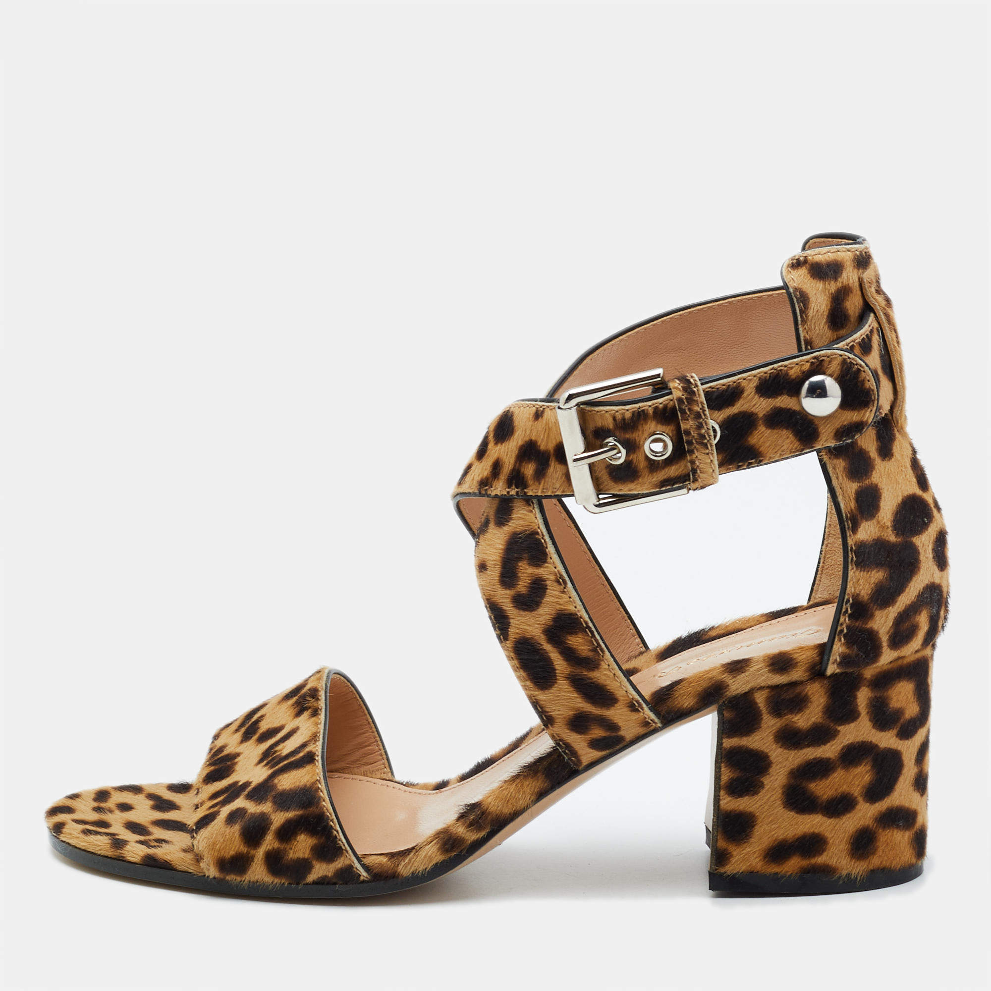 Pre Owned Gianvito Rossi Brown Leopard Print Calf Hair Ankle Strap Sandals Size 37