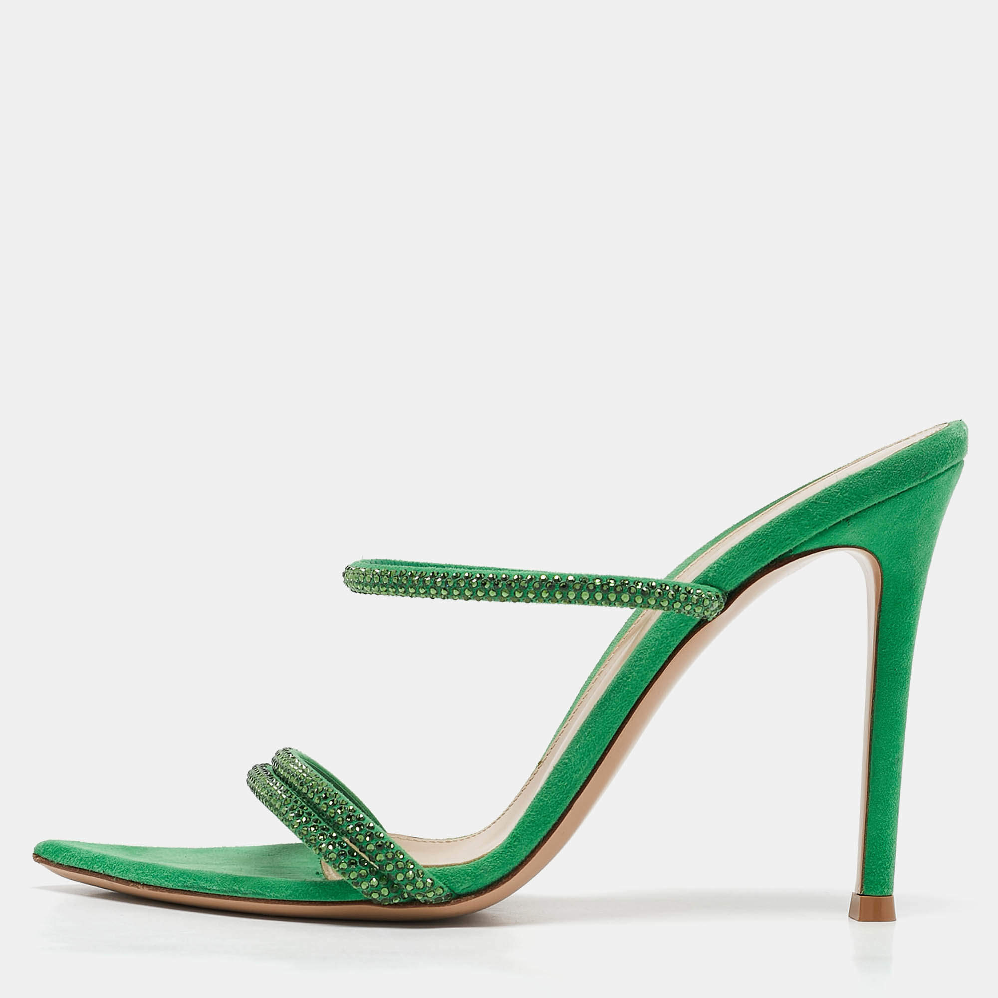 Gianvito Rossi Green Crystal Embellished Suede Cannes Sandals Size 36