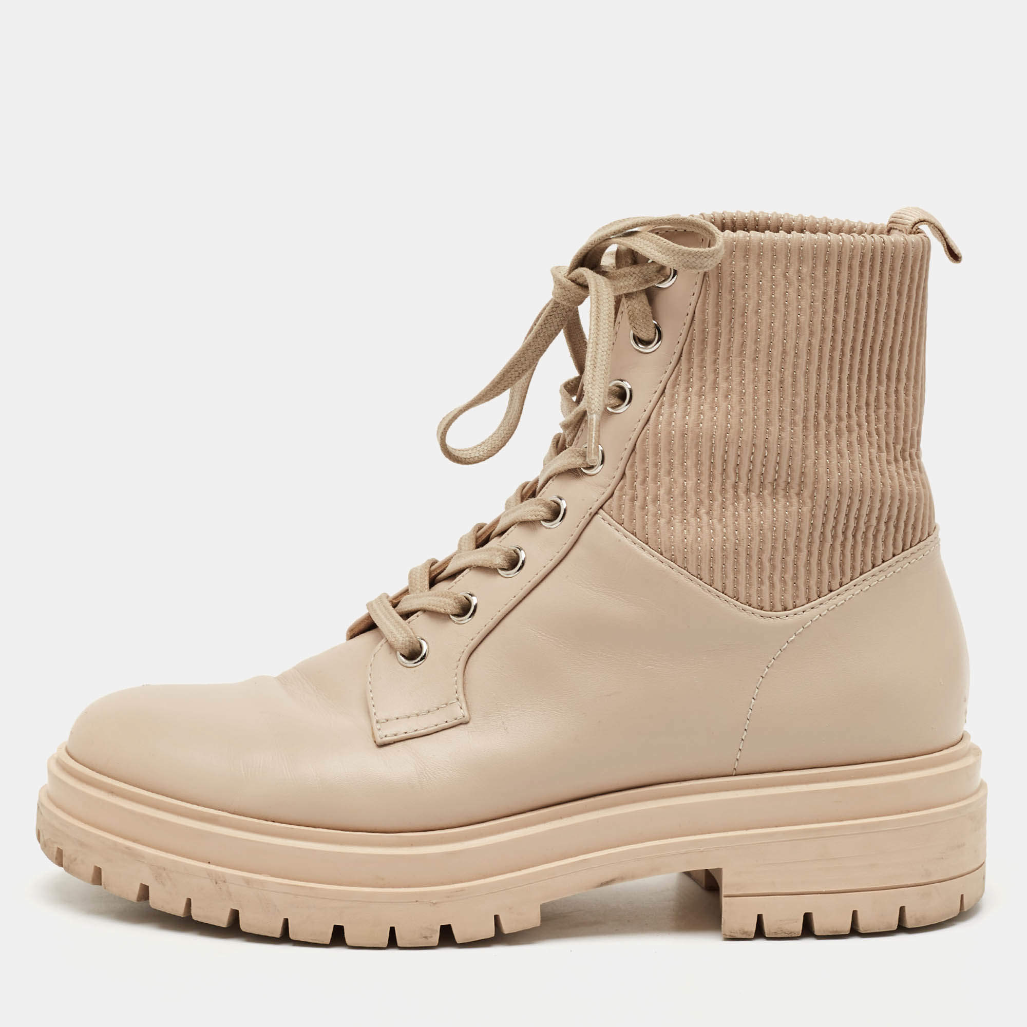 Pre Owned Gianvito Rossi Beige Leather Martis Combat Boots Size 38