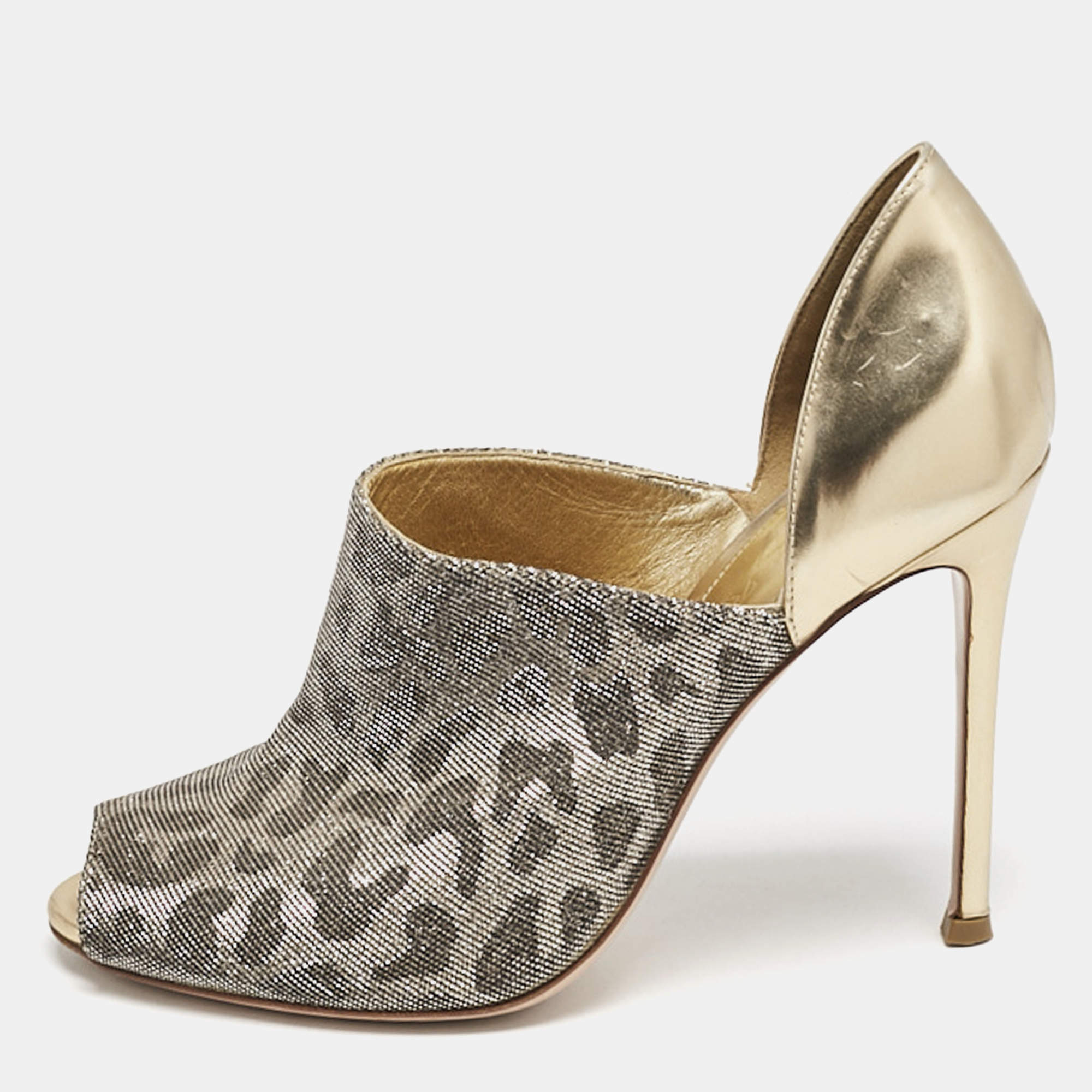 Pre Owned Gianvito Rossi Silver/Gold  Glitter and Leather Peep Toe Pumps Size 37