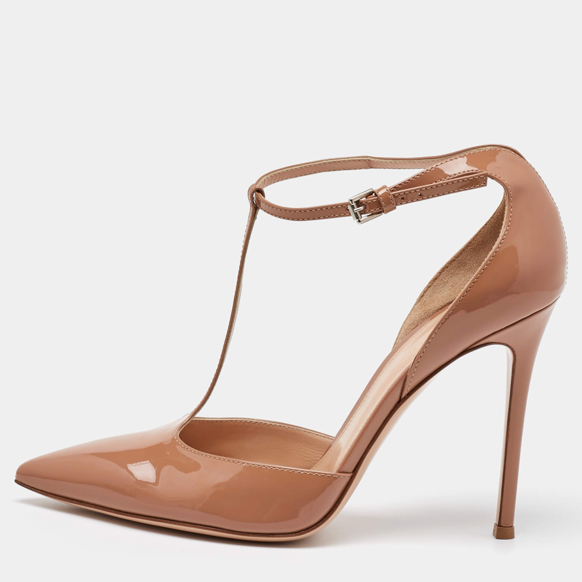 Gianvito Rossi Beige Patent Leather T-Strap D'orsay Pumps Size 40