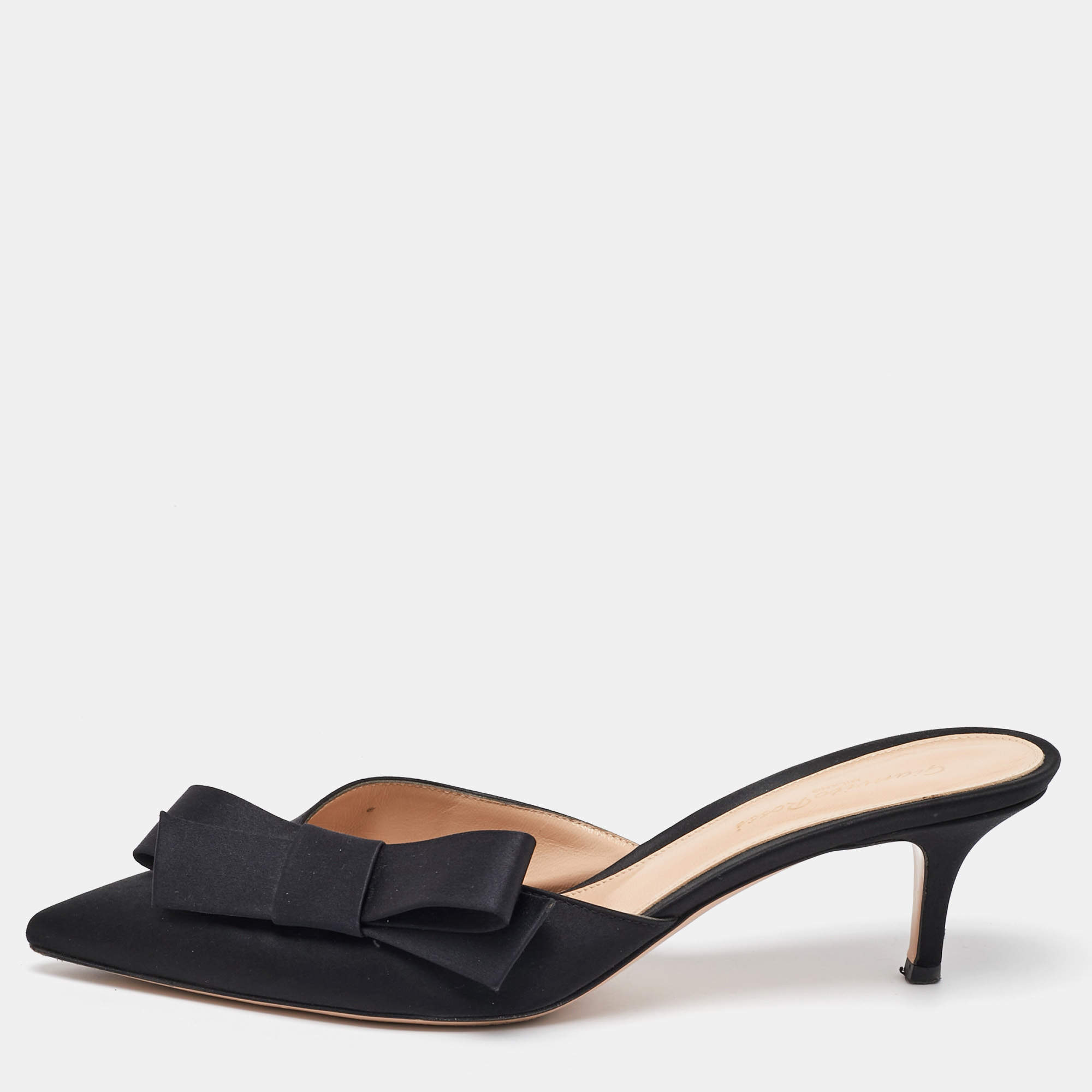 Pre Owned Gianvito Rossi Black Satin Kyoto Bow Pointed Toe Mules Size 40