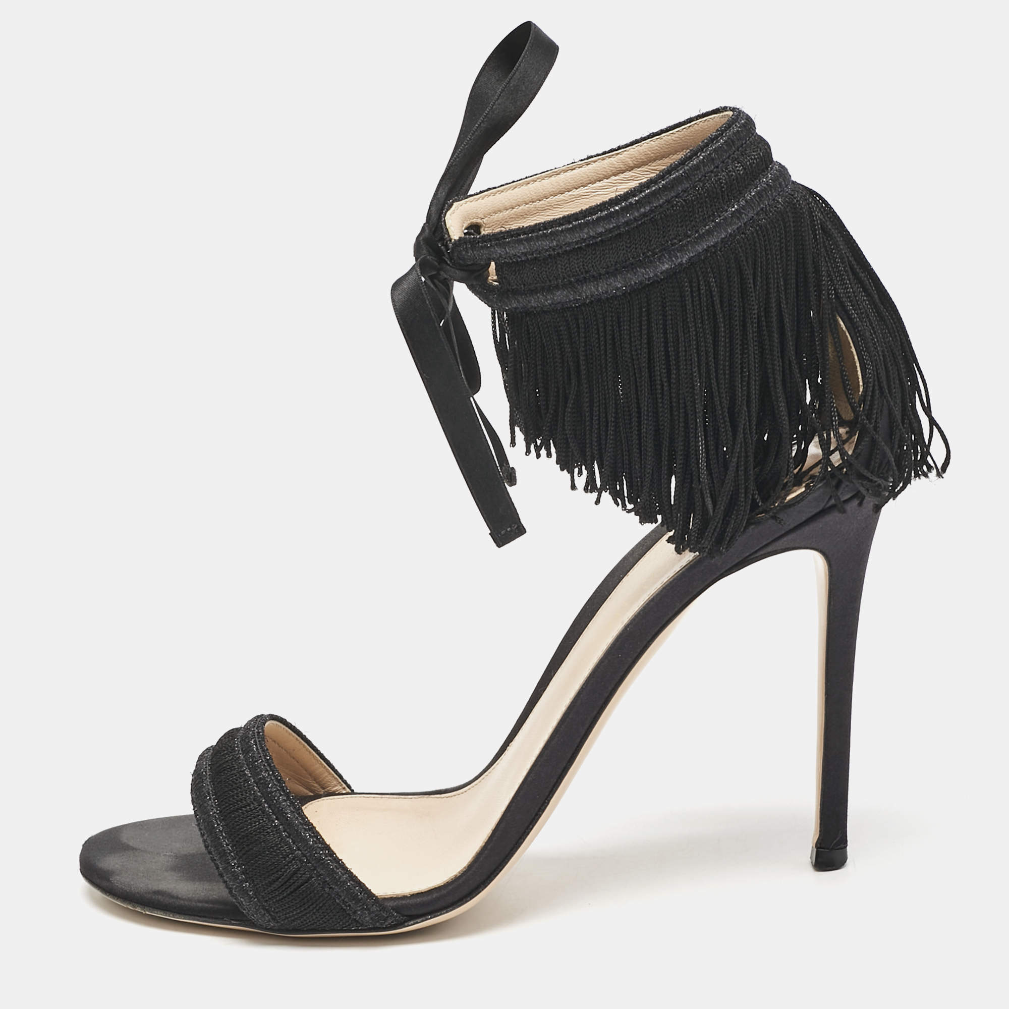 Gianvito Rossi Black Fabric and Satin Fringe Ankle Strap Sandals Size 39.5