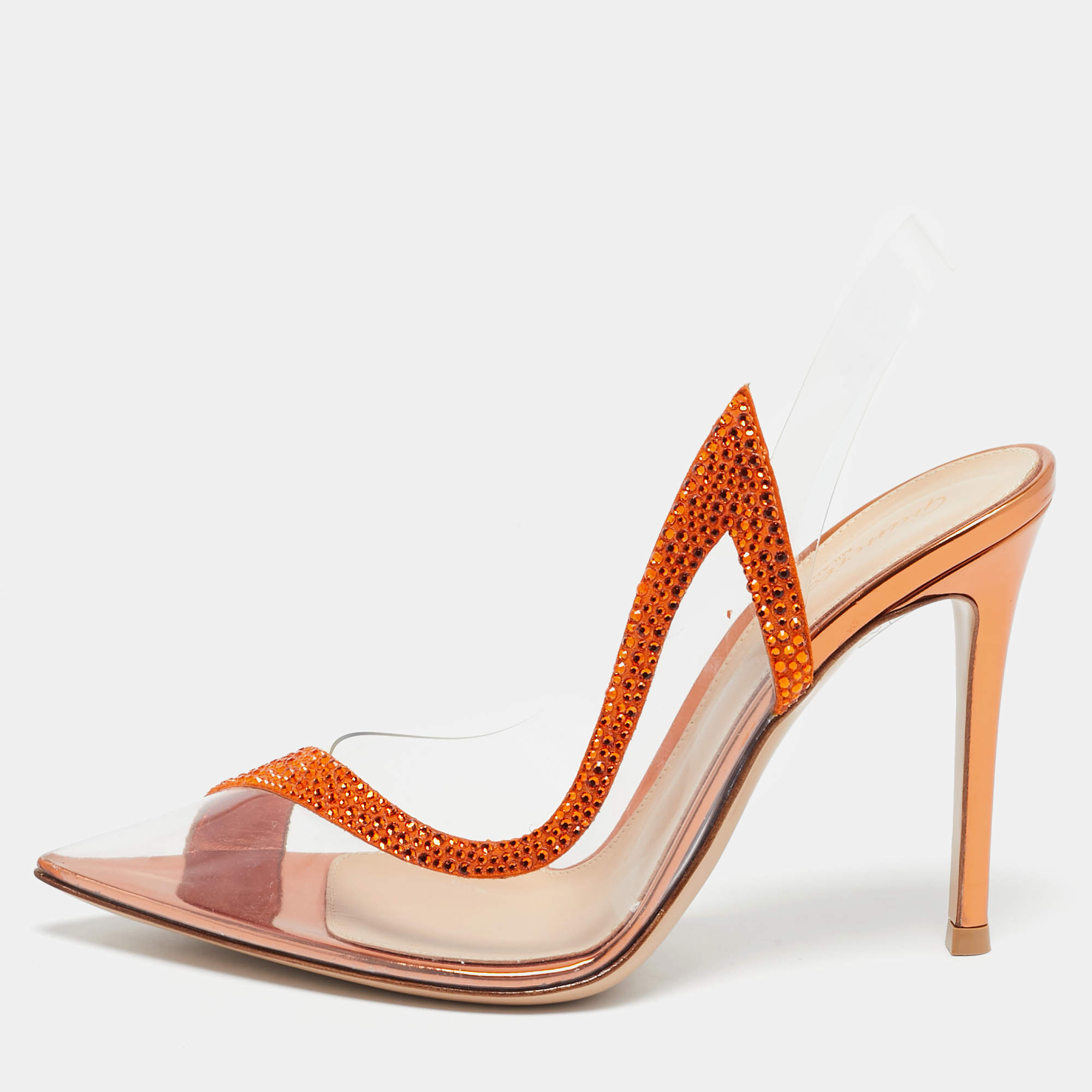 Pre Owned Gianvito Rossi Transparent/Orange PVC and Suede Embellished Hortensia Pumps Size 36.5