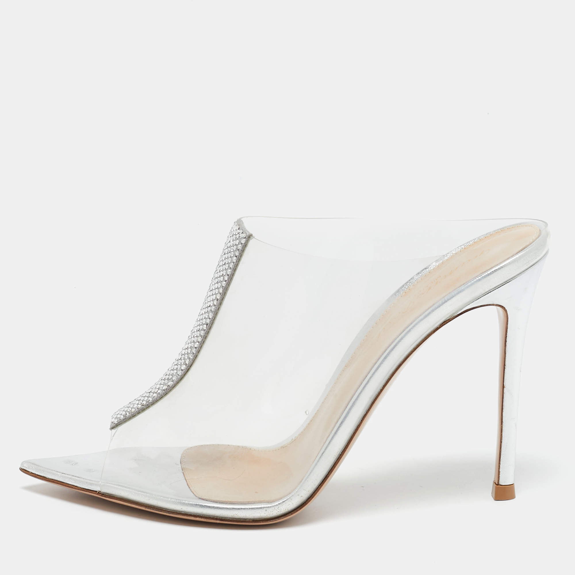 Gianvito Rossi Transparent PVC Crystal Embellished Sigma Mules Size 37