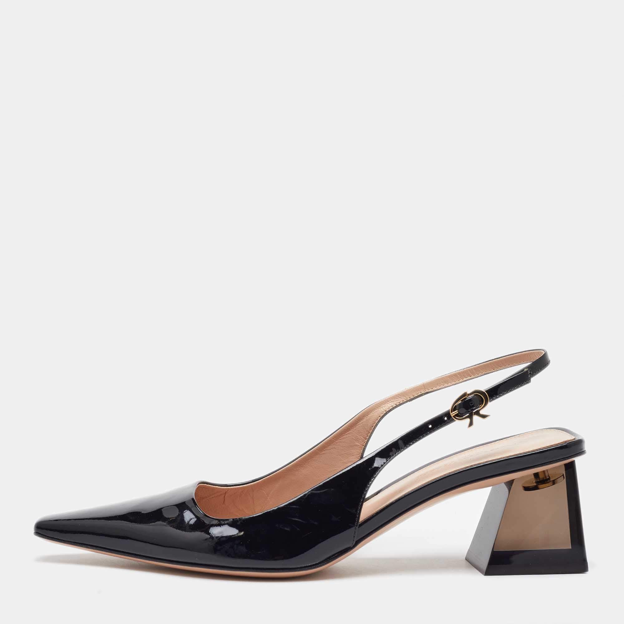Pre Owned Gianvito Rossi Black Patent Leather Slingback Block Heel Pumps Size 38