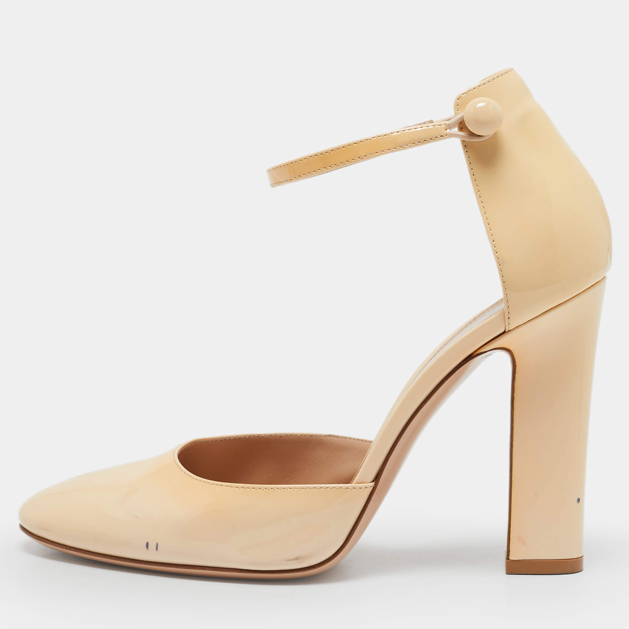 Gianvito Rossi Beige Patent Leather Ankle Strap Block Heel Pumps Size 38.5