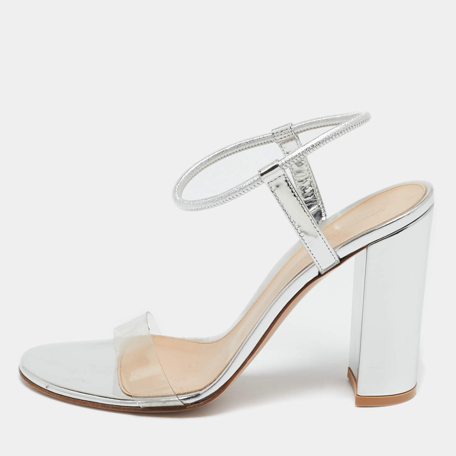 Pre Owned Gianvito Rossi Silver/Transparent PVC and Patent Crisscross Ankle Strap Sandals Size 38.5