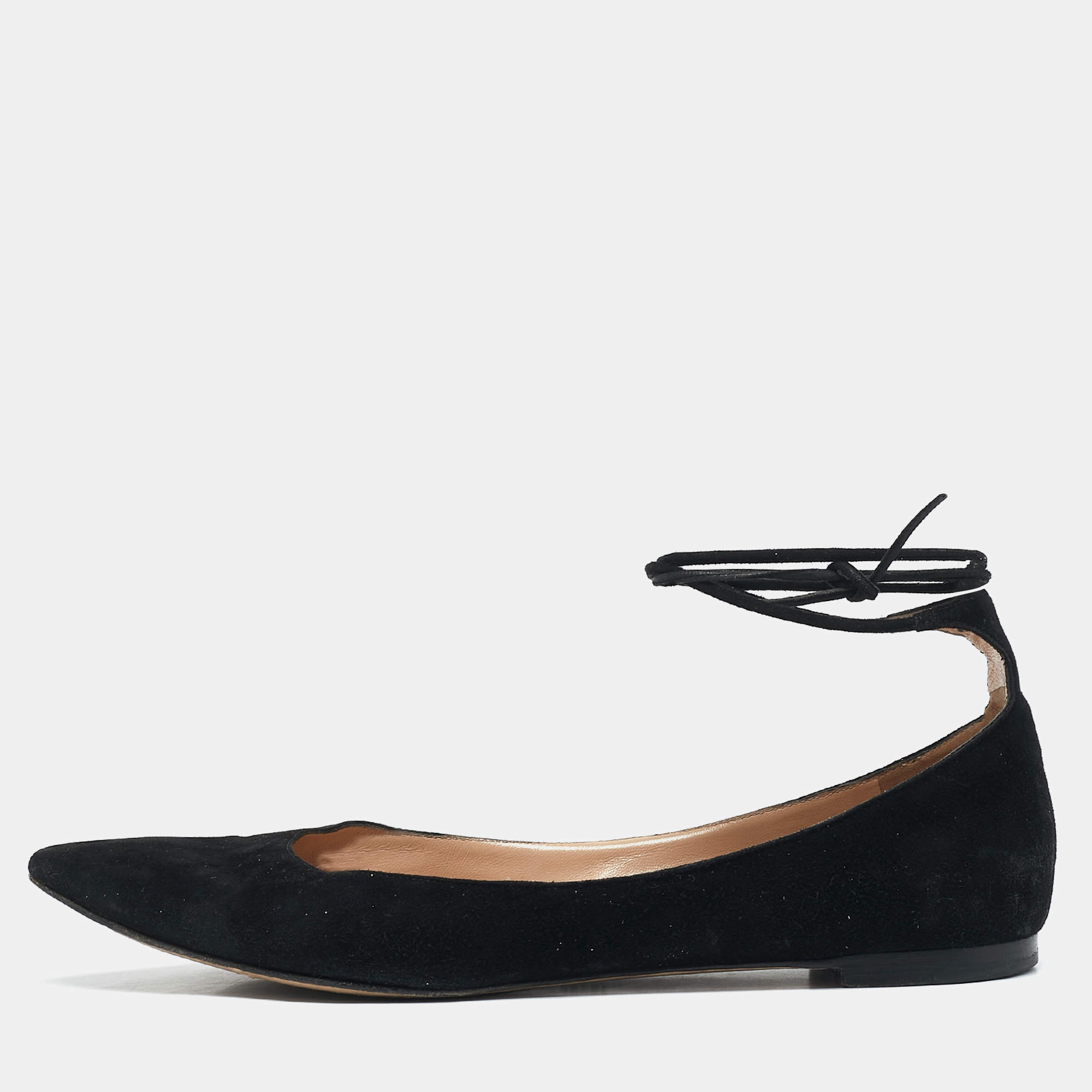 Gianvito Rossi Black Suede Femi Ankle Wrap Pointed Toe Flats Size 38.5