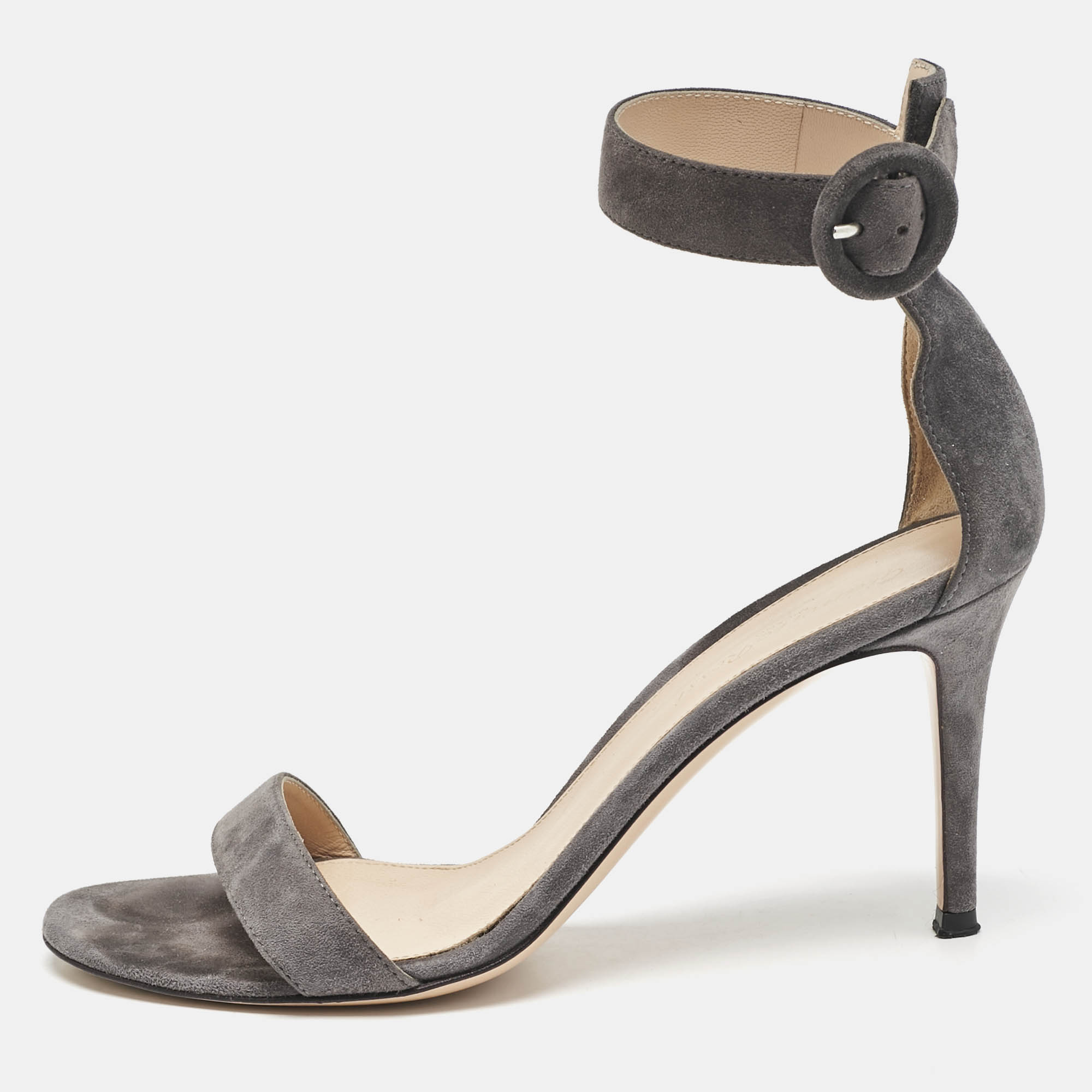 Pre Owned Gianvito Rossi Grey Suede Portofino Ankle Strap Sandals Size 38.5