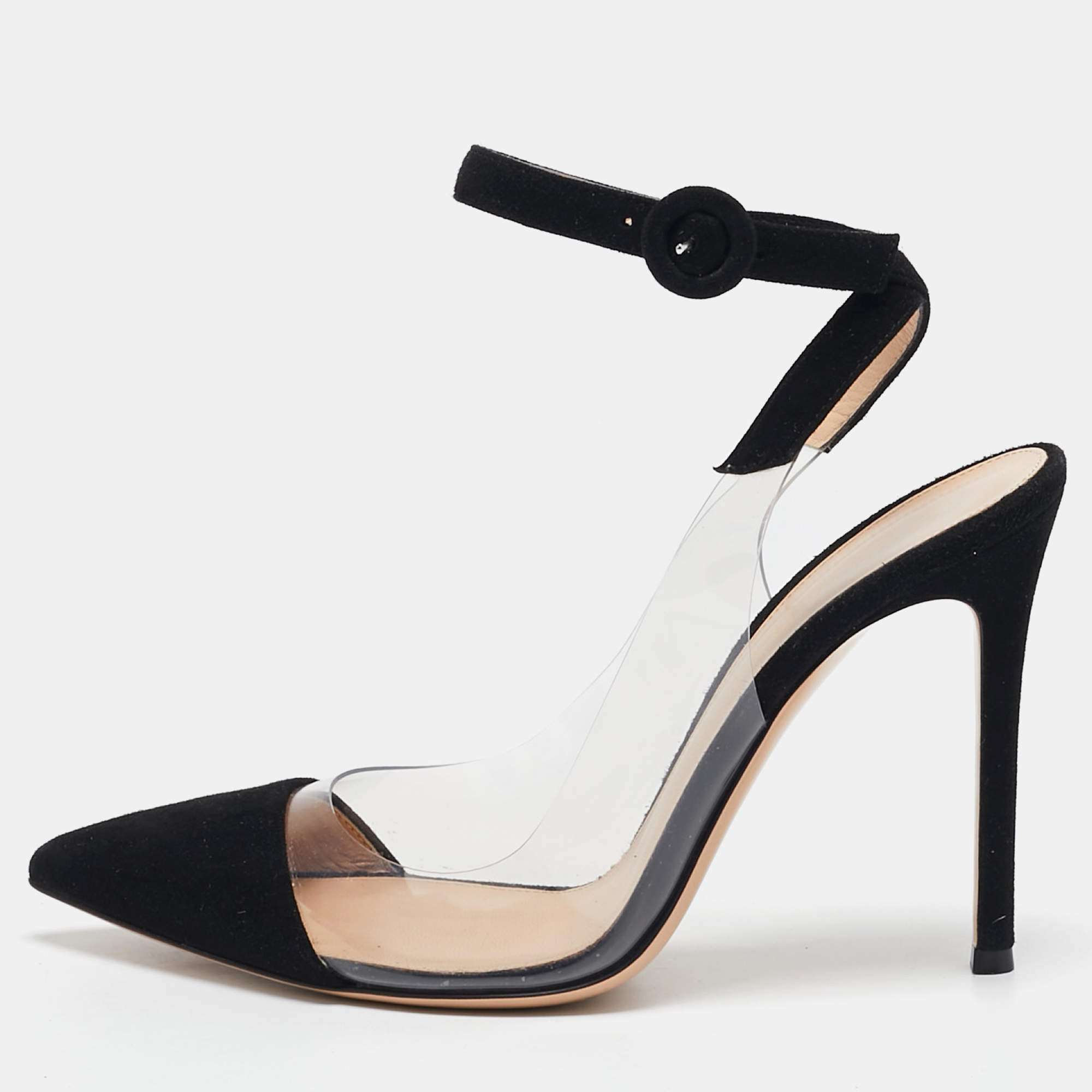 Gianvito Rossi Black Suede and PVC Anise Ankle Strap Pumps Size 38