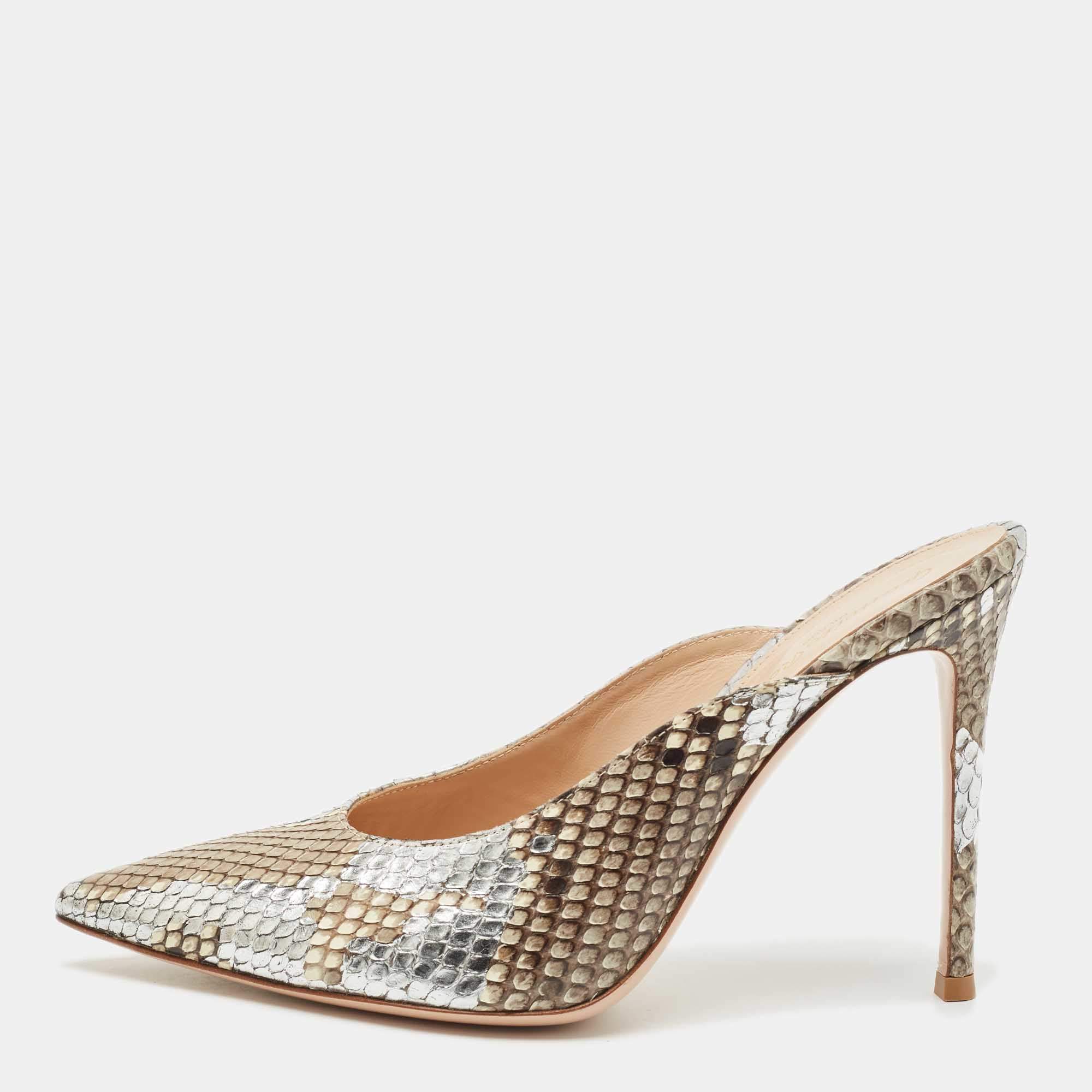 Gianvito Rossi Silver/Beige Python Heel Mules Size 39